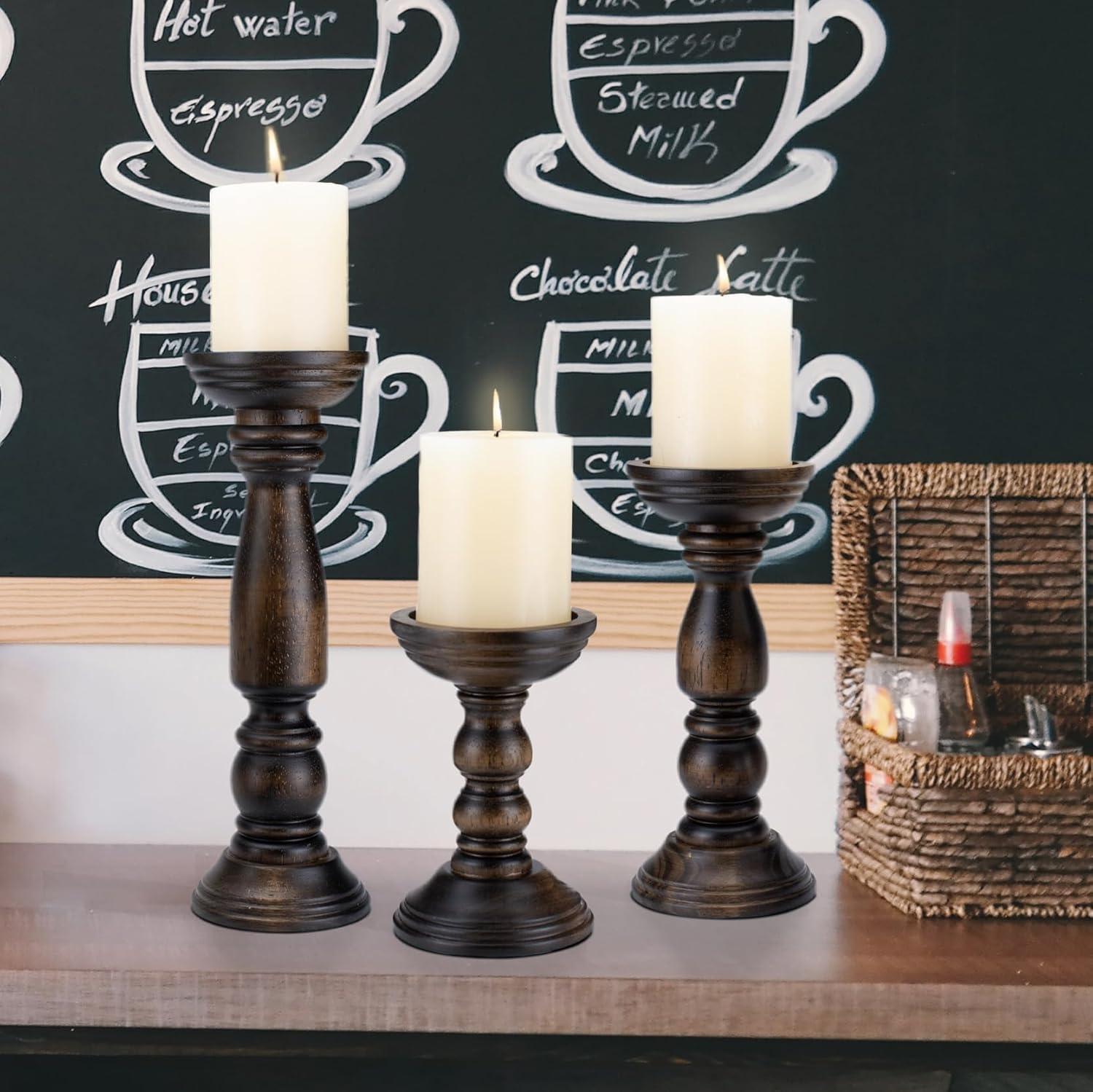 DecMode 3 Candle Brown Wood Candle Holder, Set of 3