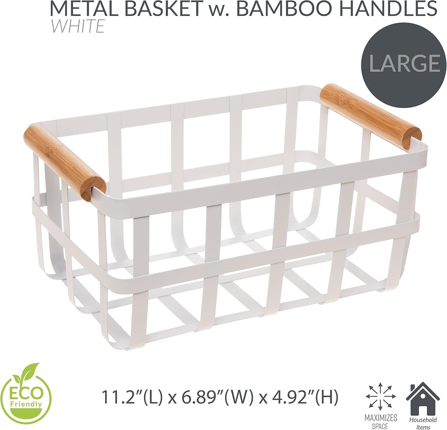 Large White Metal Storage Basket with Bamboo Handles