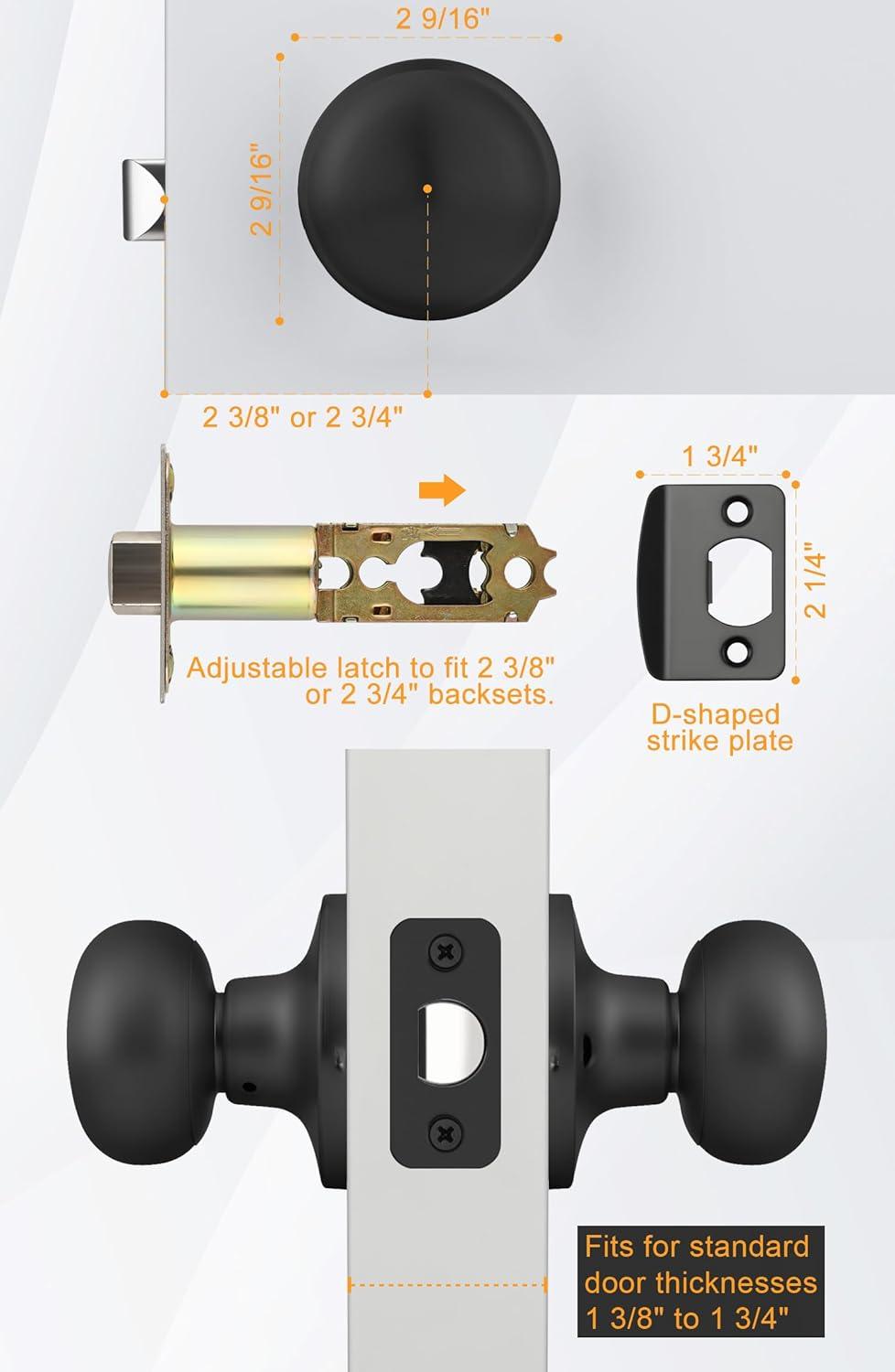 Probrico Black Door Knobs Interior, Passage Door Knobs for Hallway Closet, Matte Black Keyless Indoor Door Knob, 6 Pack