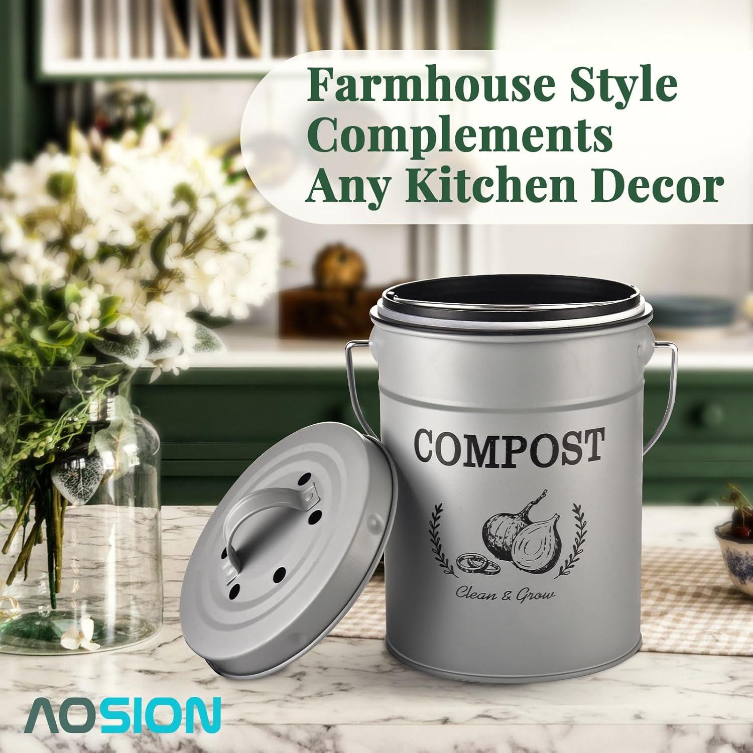 Compost Bin Kitchen Counter,Countertop Compost Bin with Lid,Indoor Kitchen Compost Bin,Composter Container,Compost Pail Food Waste Bin for Kitchen,1.0 Gallon,Grey