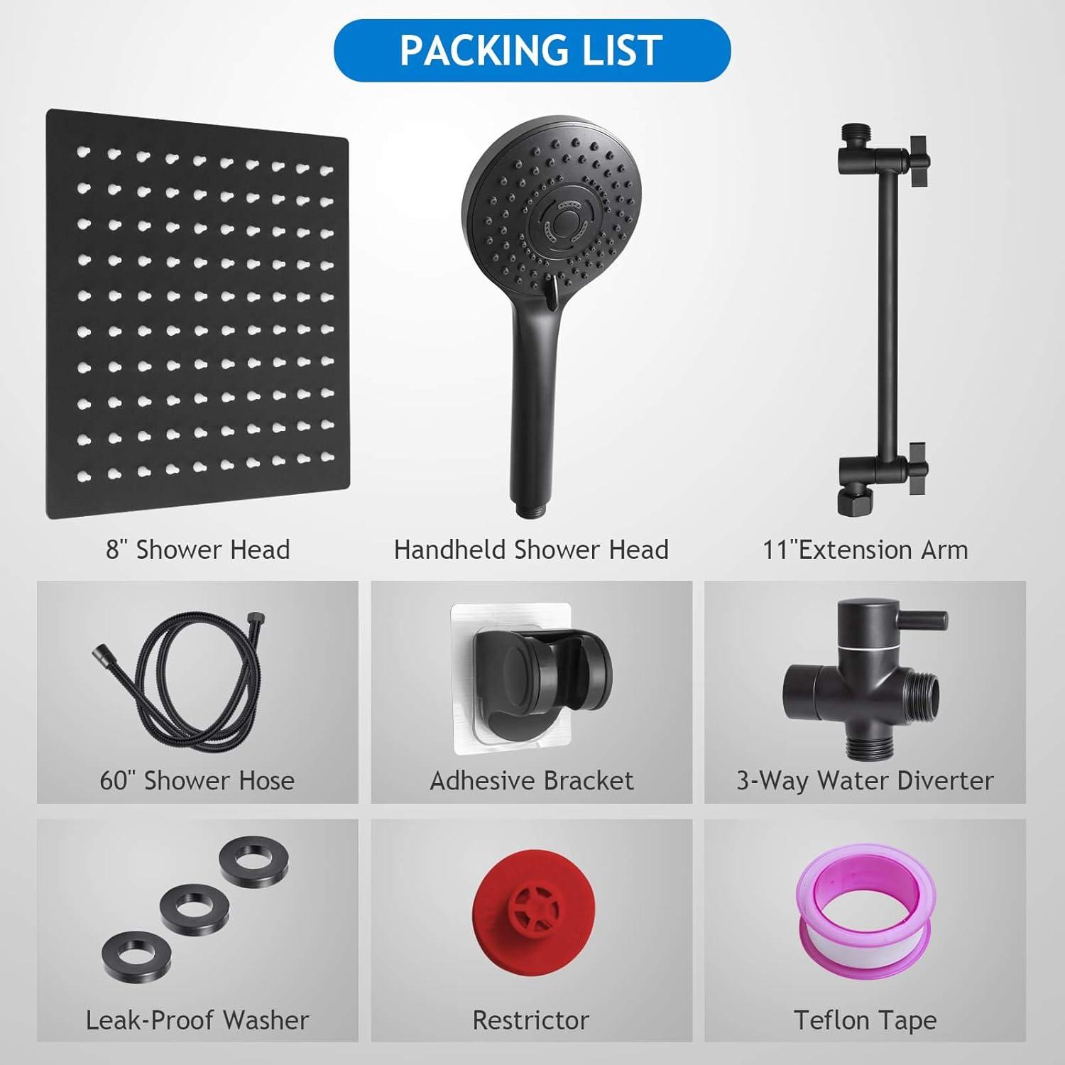 Matte Black 8-Inch Square Rain Shower Head Combo with Handheld