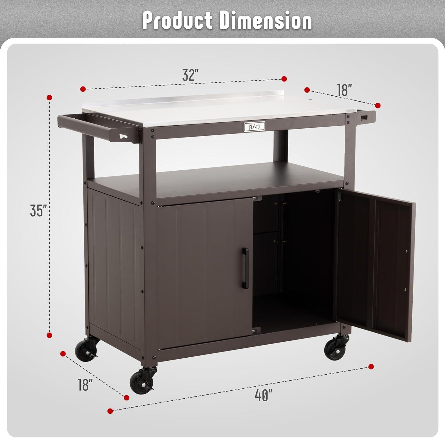 Feasto Feasto Outdoor Grill Cart with Stainless Steel Tabletop and Storage Cabinet, Movable Kitchen Island with Wheels for BBQ Food Prep