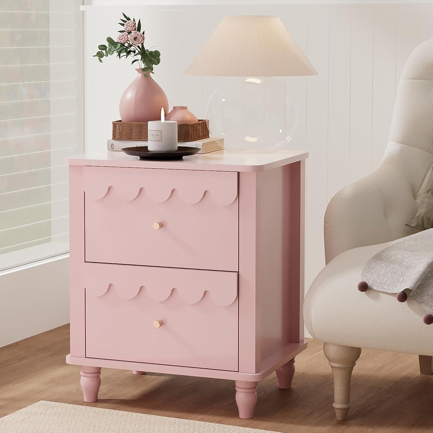 Pink MDF 2-Drawer Scalloped Nightstand with Solid Wood Legs