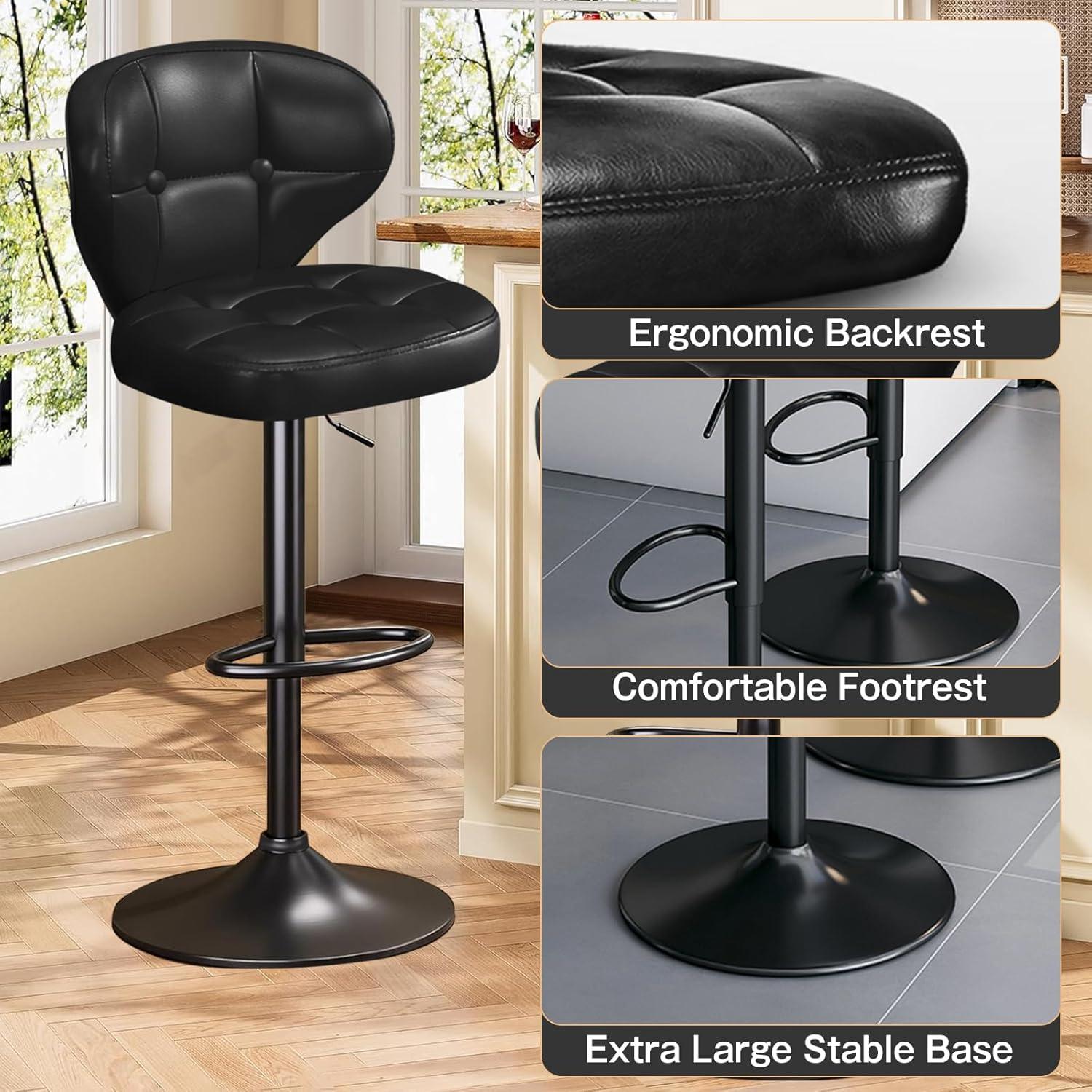 Bar Stools Set of 2, Adjustable Swivel Bar Chairs with 360° Rotation, Padded Counter Stools with Back and Footrest for Kitchen Island, Bistro, Cafe, and Home Use Black2