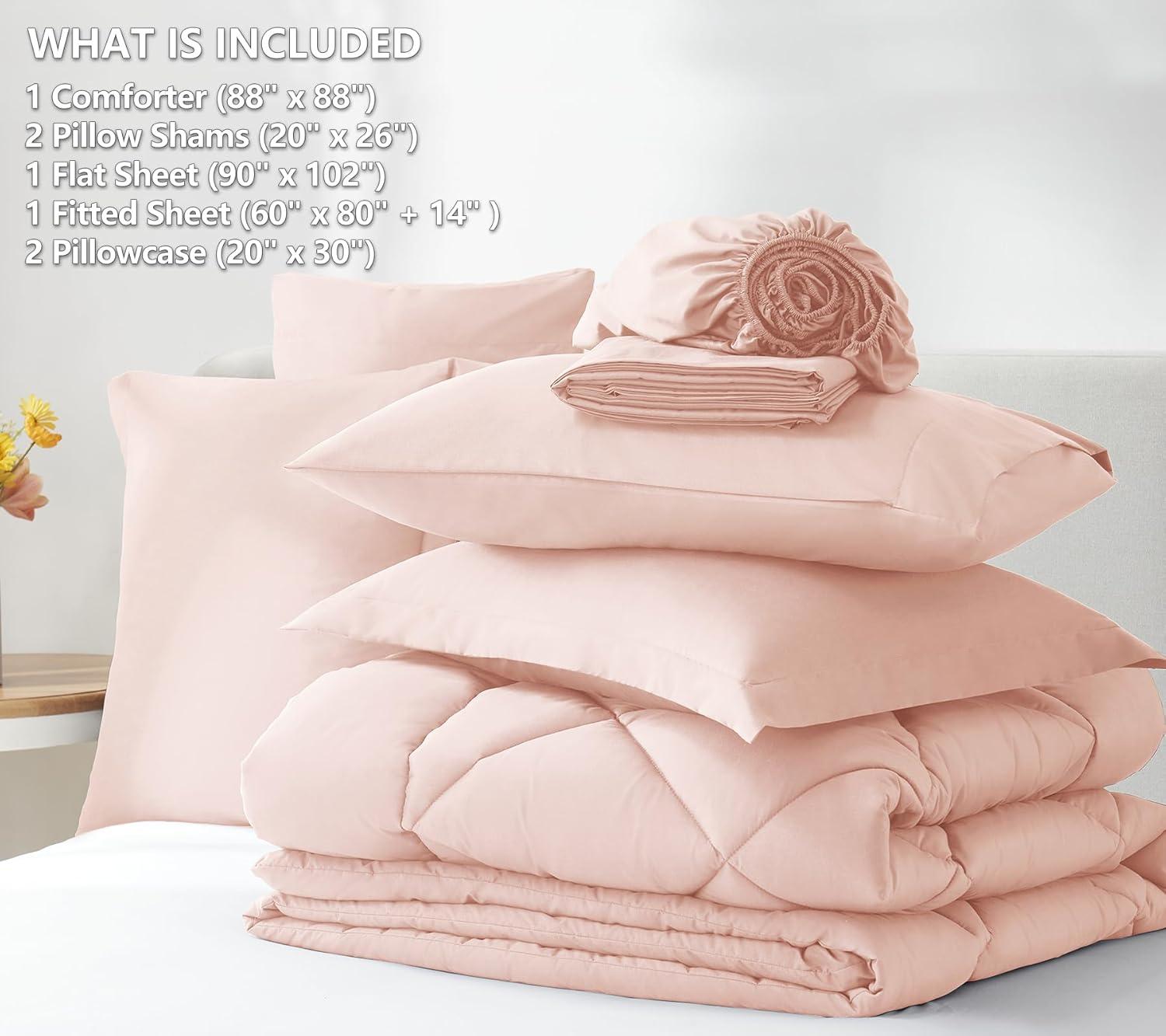 Anluoer Queen Comforter Set 7 Piece, Pink Bed in a Bag with Comforters, Pillow Shams, Pillowcases, Flat Sheet, Fitted Sheet