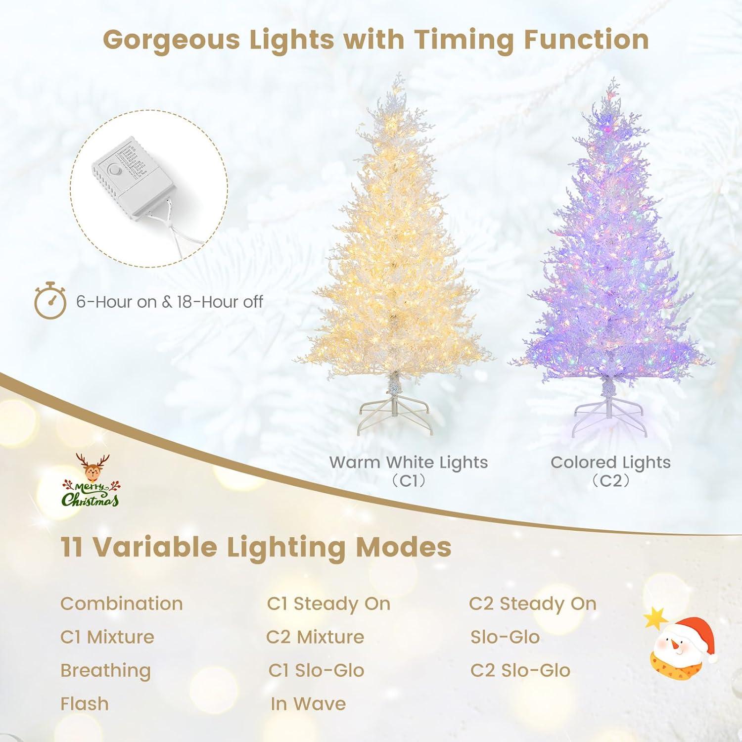 Tangkula 6FT Pre-lit Artificial Xmas Tree Hinged Christmas Tree with 383 Snow Flocked Branch Tips 300 Warm White & Multi-colored LED Lights