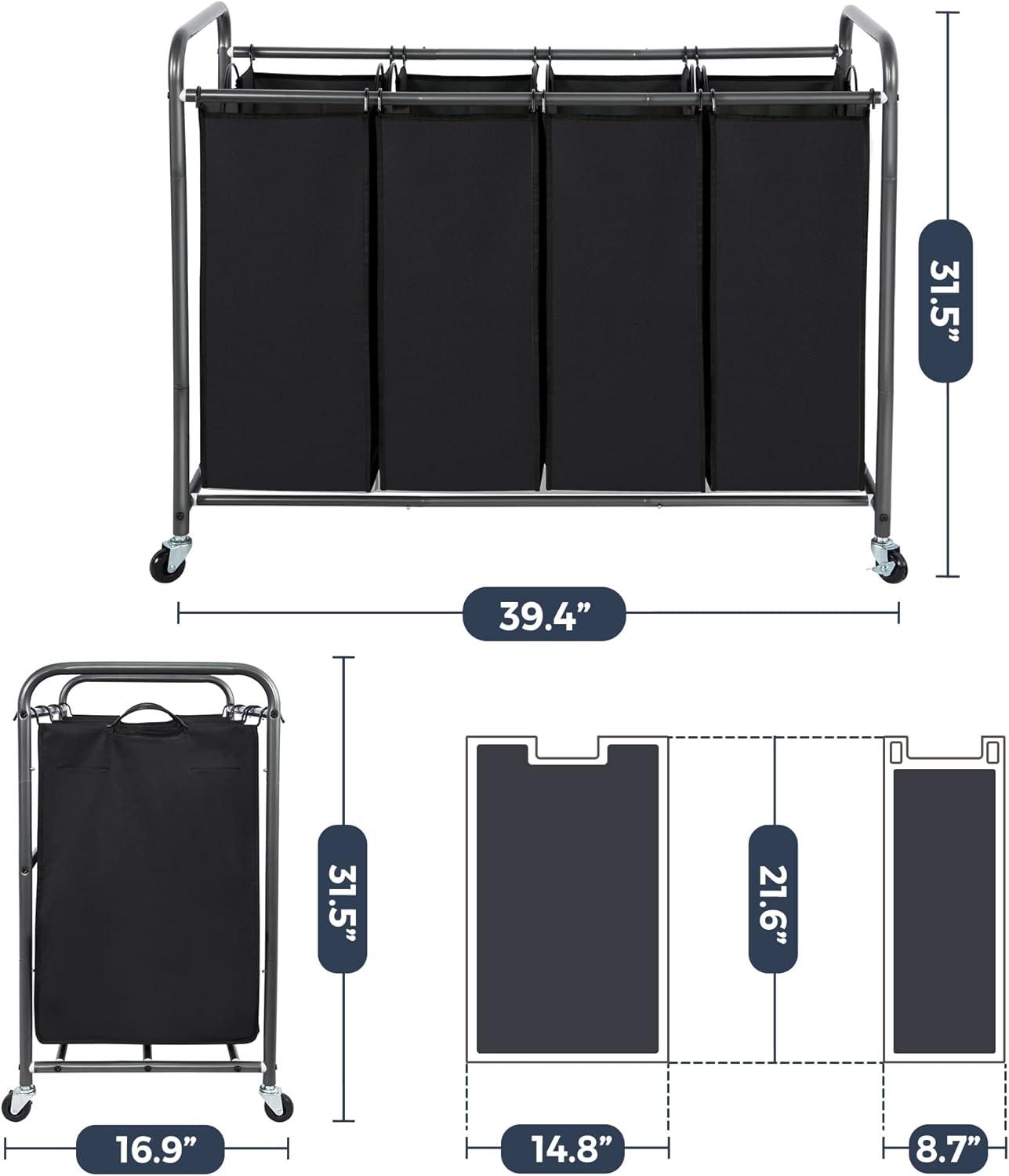 STO STO Laundry Sorter 4 Section, 4 Bag Laundry Hamper, Rolling Laundry Cart, Laundry Basket with Heavy Duty Lockable Wheels and Removable Bag for Clothes Storage, Black