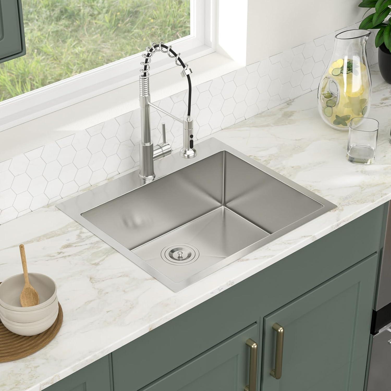Logmey 25 Inch Drop In Kitchen Sink 25x22 In Handmade Stainless Steel Kitchen Sinks 16 Gauge Topmount Sink Single Bowl Round Corner Sink Bar Sink Prep 25x22x9 Inches