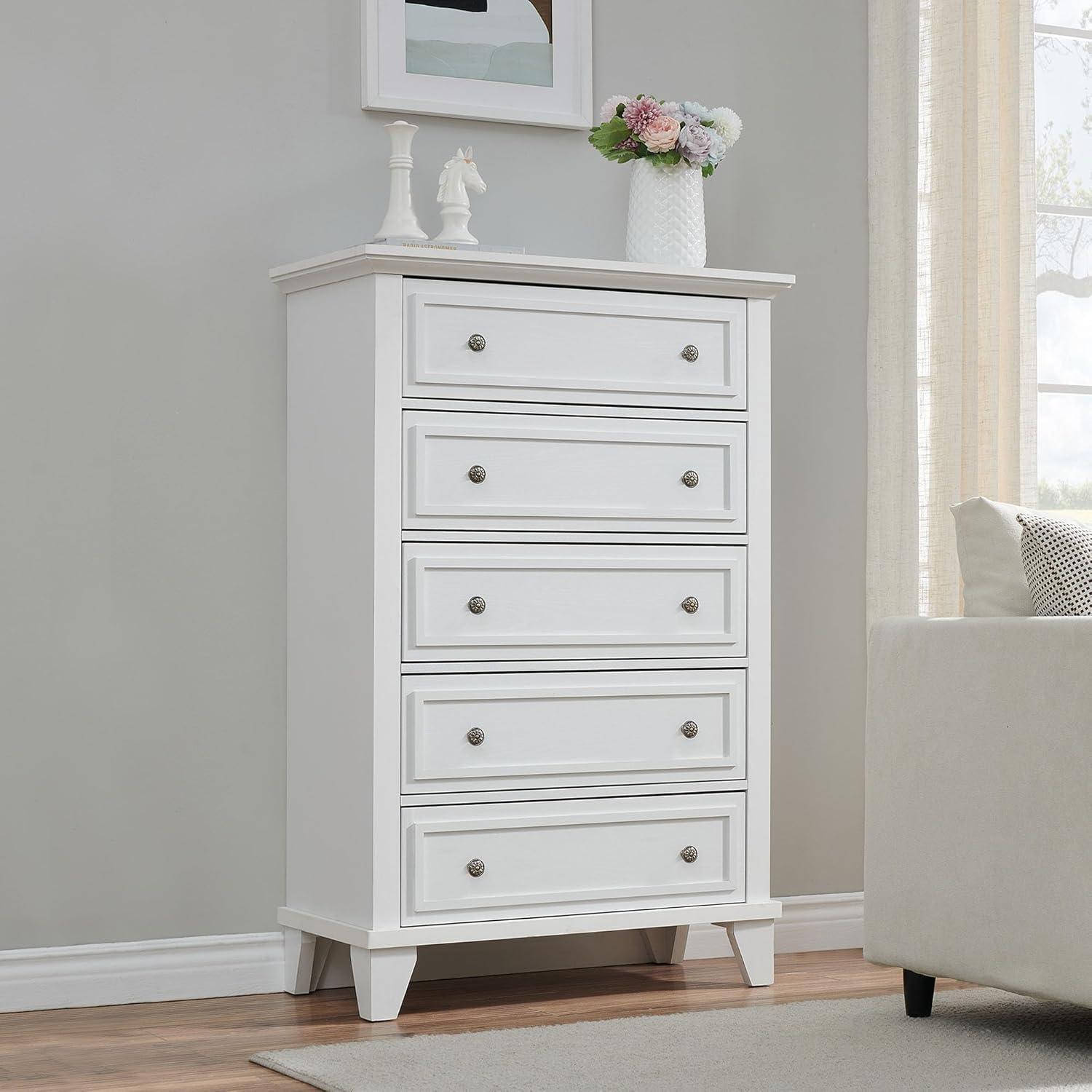 5 Drawers Dresser for Bedroom, Modern Drawer Chest, Wood Organizer Drawer Cabinet for Bedroom, Living Room, Hallway, Entryway, White