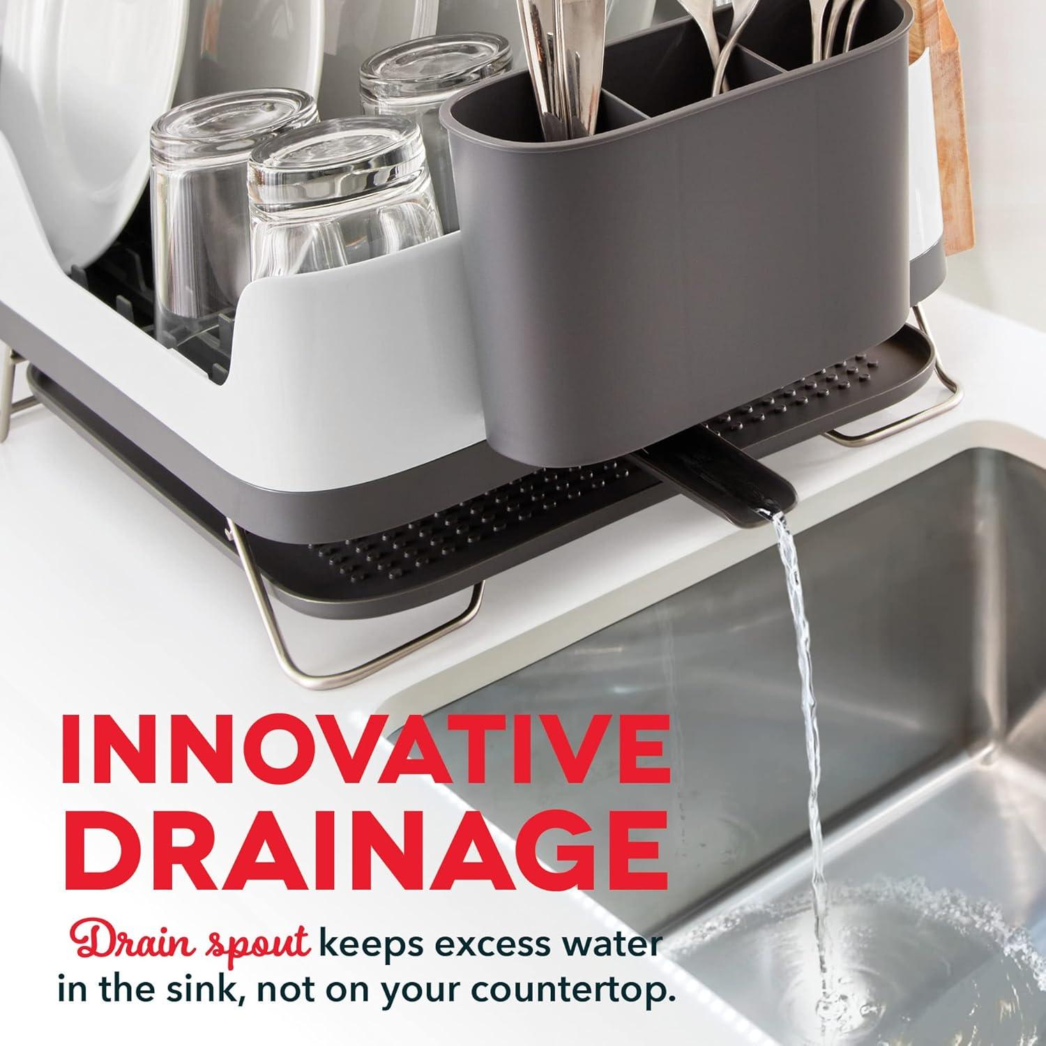 White Metal Dish Rack with Utensil Cup and Drainage Spout