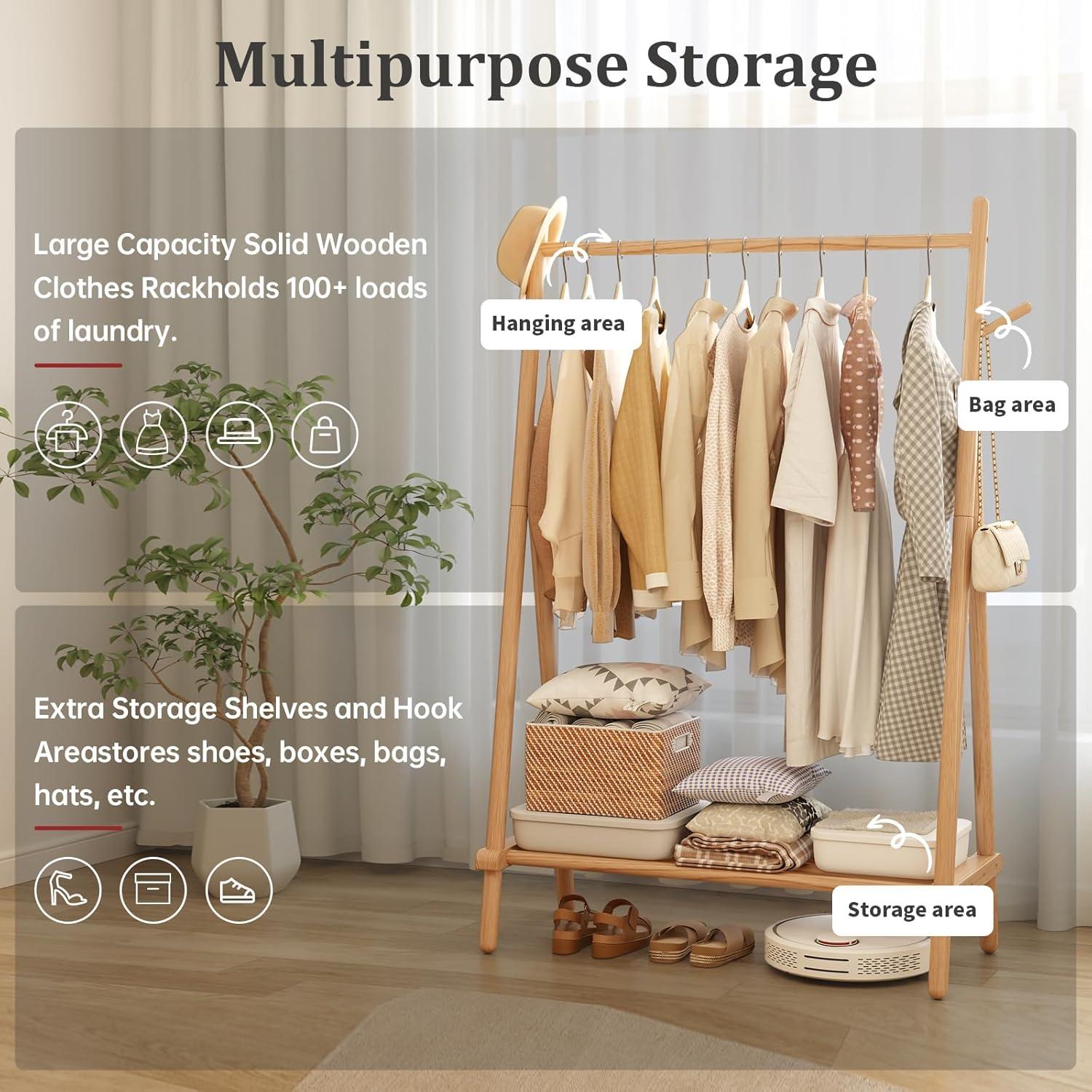 Rebrilliant Solid Wood Clothes Rack, Clothing Rack With Shelf And Hook, Sturdy And Portable, Garment Rack For Hanging Clothes,Coats,Skirts,Shoes,Bags,Easy To Assemble (Natural)