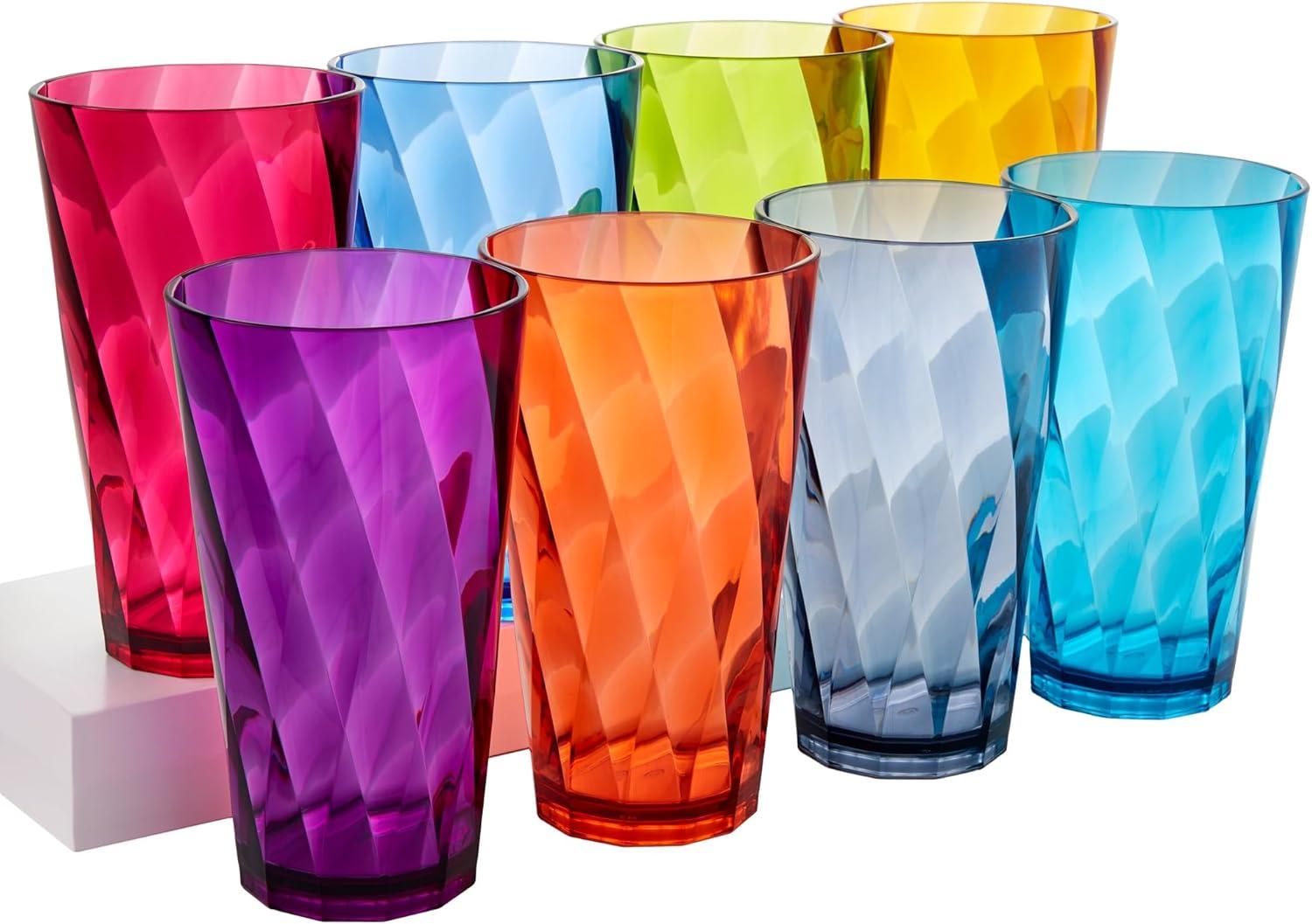 Jewel Tone Rainbow Plastic Drinking Glasses Set of 8, 20oz