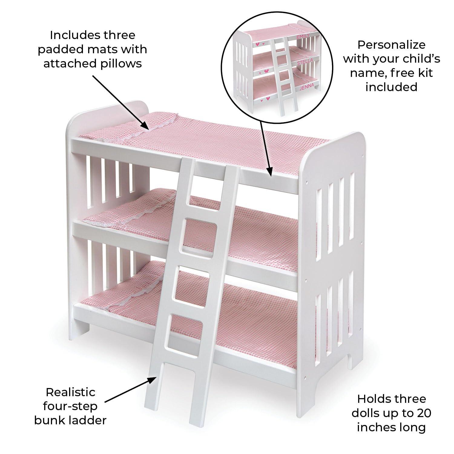 Badger Basket Triple Doll Bunk Bed with Ladder, Bedding, and Free Personalization Kit - Pink Gingham