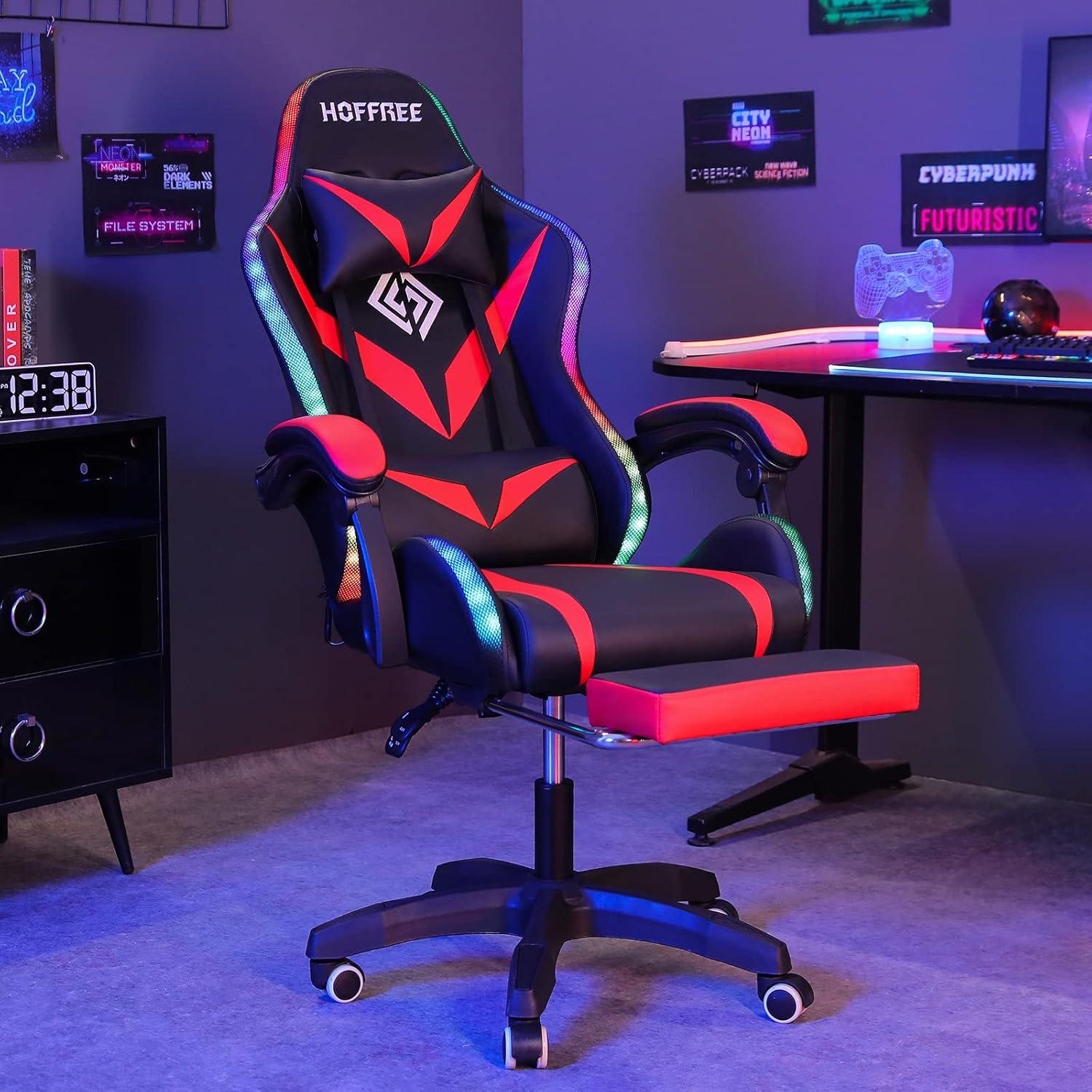 Hoffree Hoffree Massage Ergonomic Gaming Chair with Bluetooth Speakers and RGB LED Lights