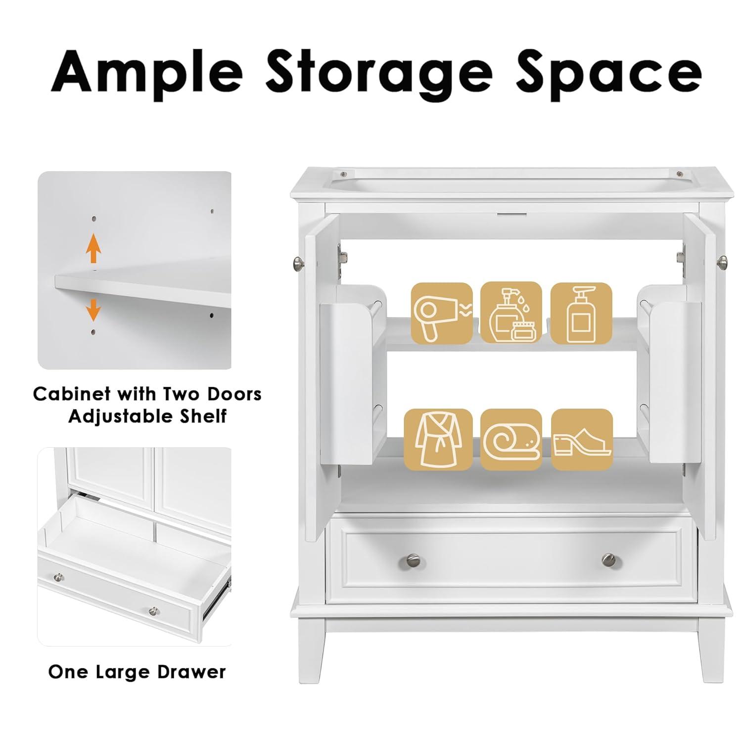 Harper & Bright Designs 30" Bathroom Vanity Without Sink, Free Standing Wooden Bathroom Cabinet with 2 Doors and Drawer for Bathroom, White (Sink Basin Not Included)