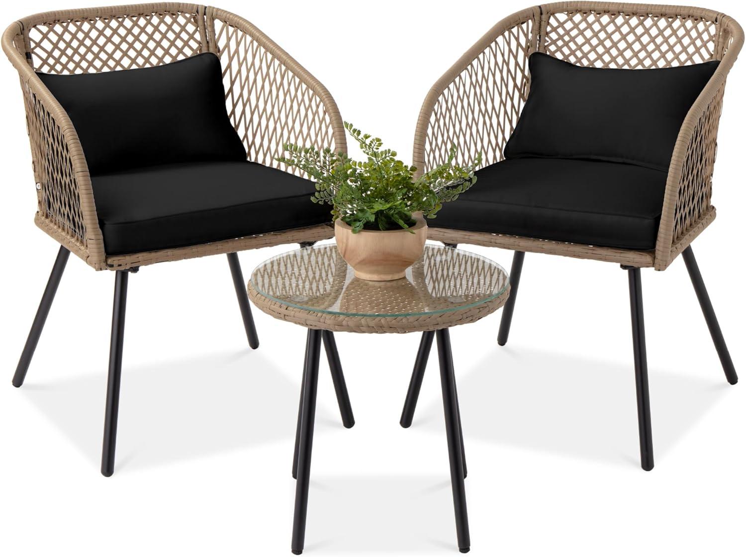 3-Piece Beige Wicker and Black Metal Patio Bistro Set