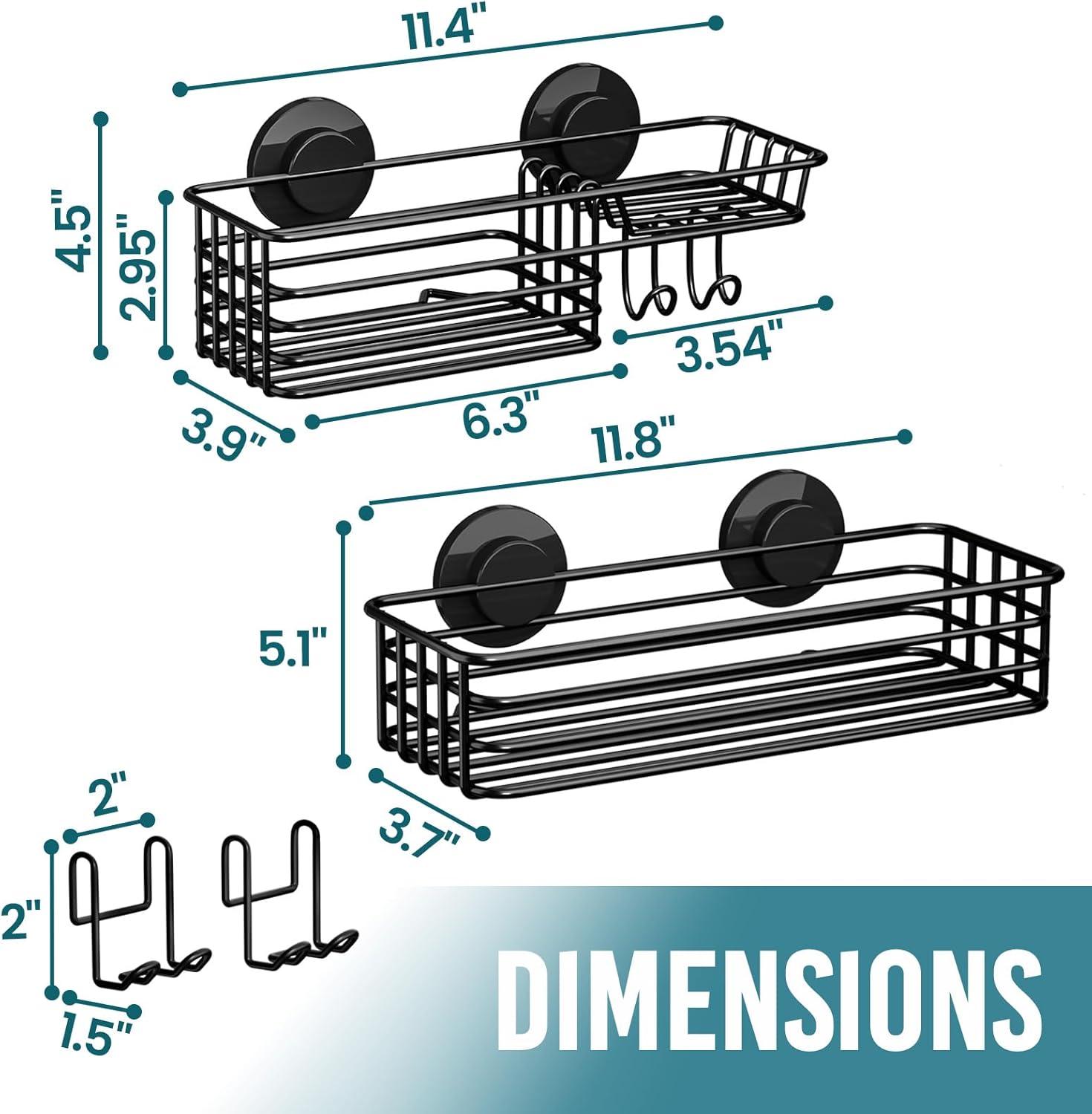 Black Metal Suction Mount Shower Caddy with Hooks