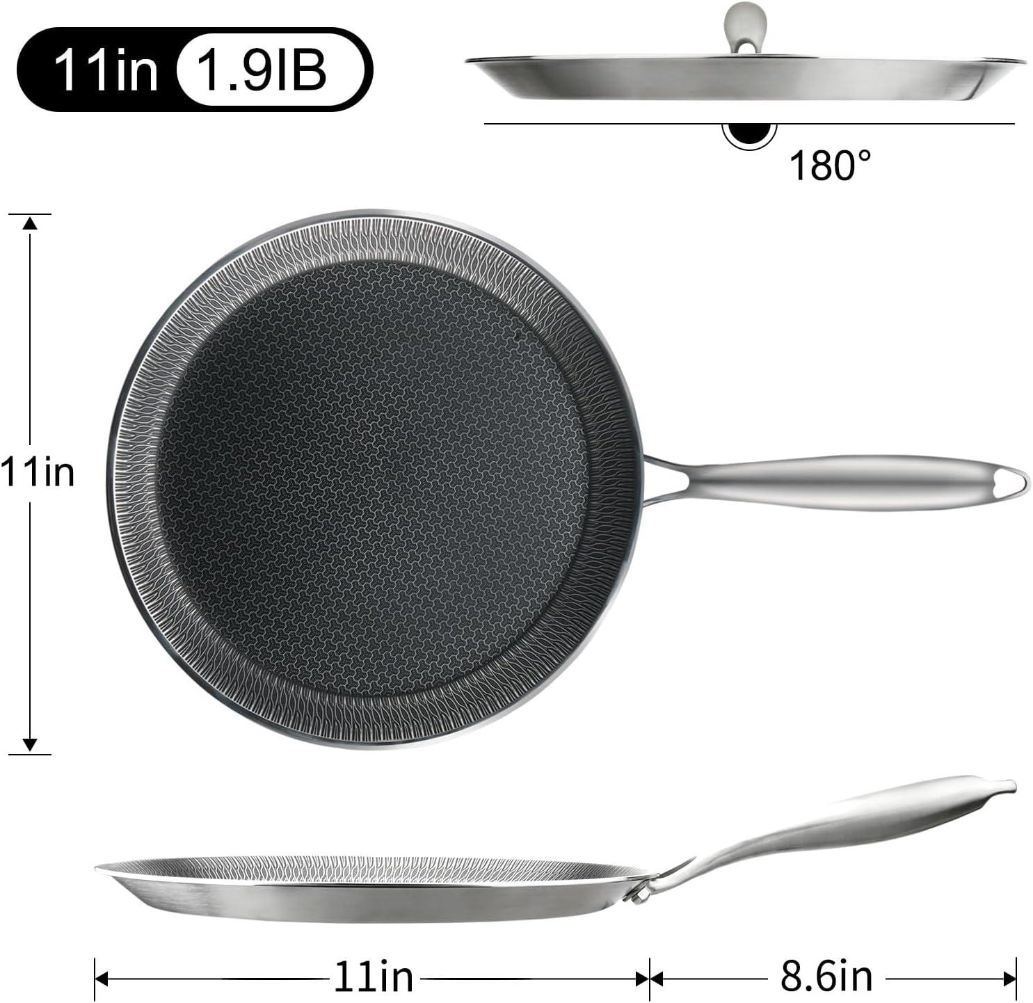 Innerwell 11'' Stainless Stee Nonstick Crepe Panl Honeycomb Coating Flat Skillet Tawa Dosa Tortilla Pan PFOA-Free,Omelet Pan with All Stove Tops Available