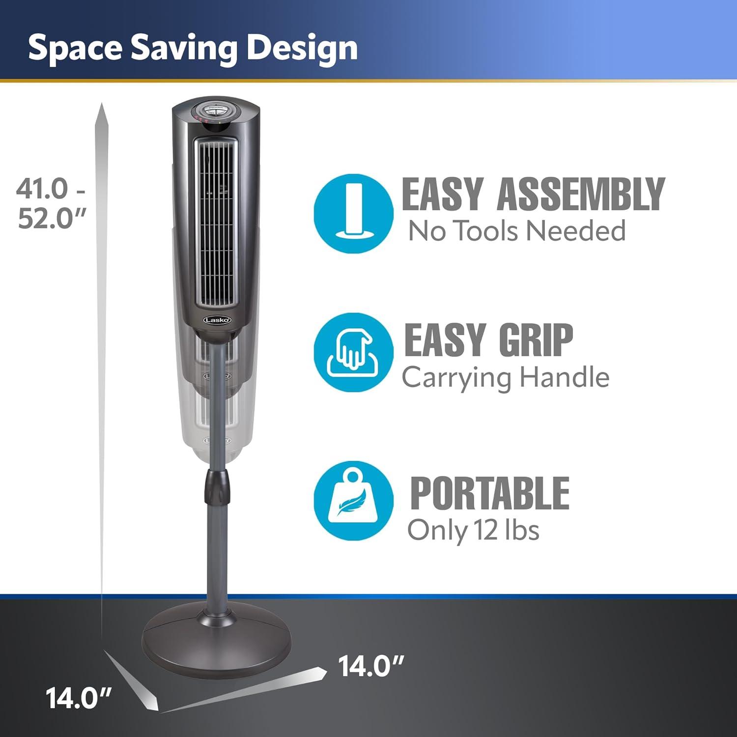 Lasko 52″ Adjustable Oscillating Pedestal Tower Fan with Timer and Remote, Gray, 2535, New