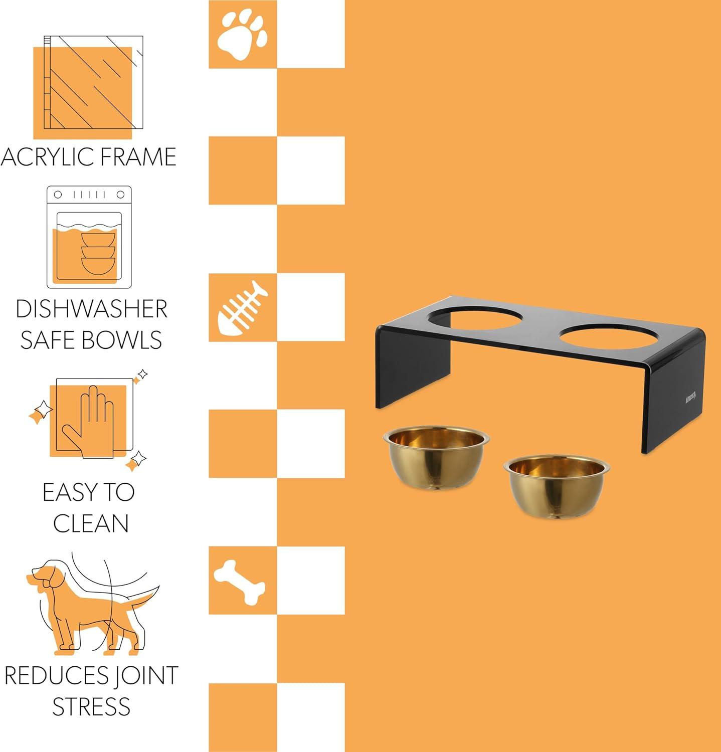 THE LICKER STORE Keaton Modern Lucite Rectangular Elevated Pet Feeder with 2-Stainless Steel Bowls