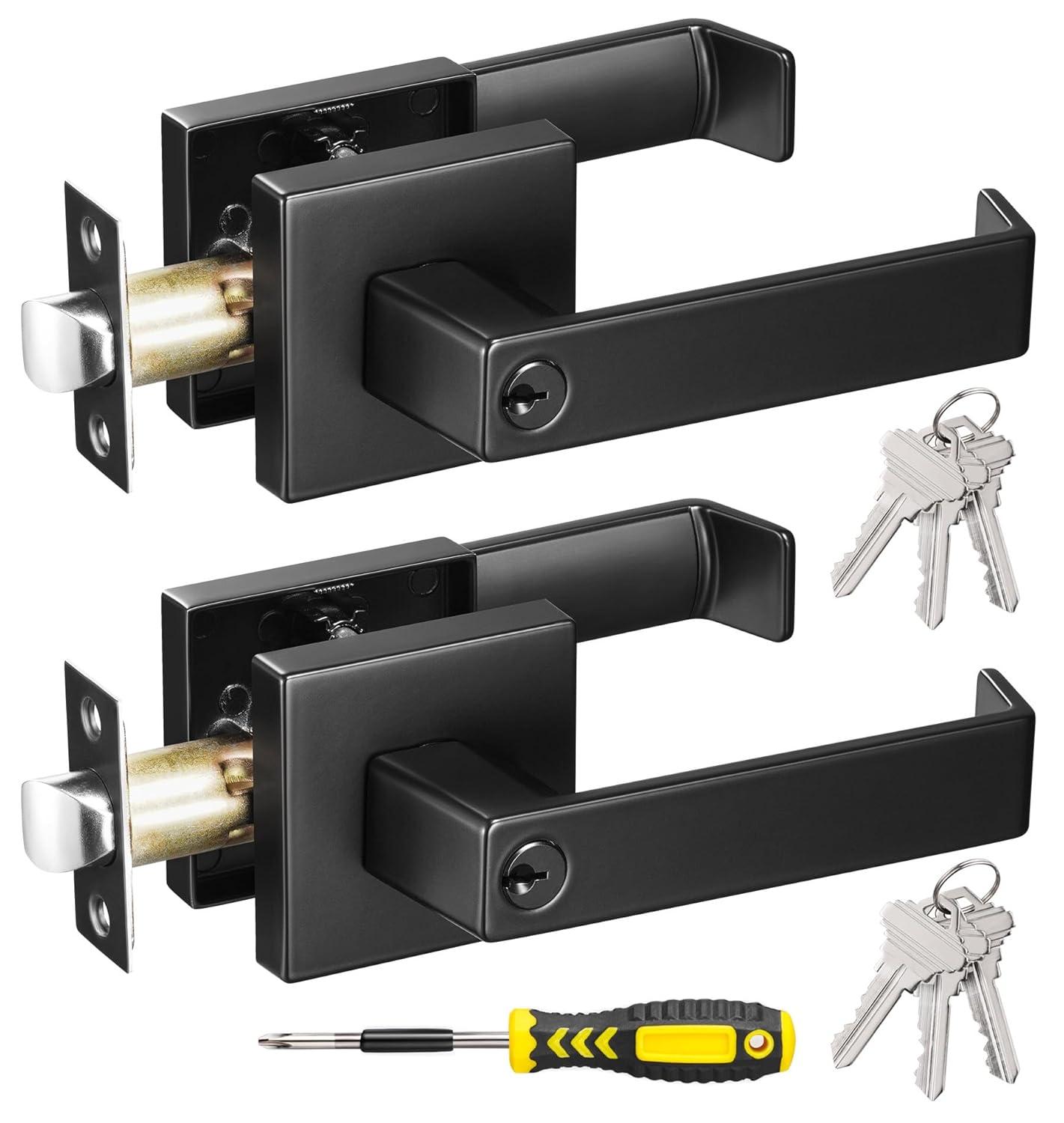 Front Door Handle and Deadbolt Set, Matte Black Exterior Door Lock Set with Deadbolt, Front Door Handles and Locks (2 Pack)