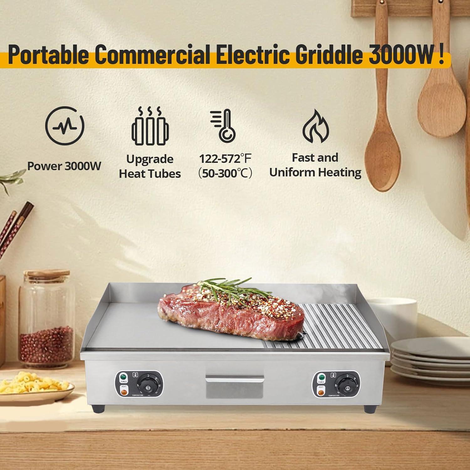 Commercial Electric Griddle with Adjustable Thermostatic Control 122°F-572°F Electric Countertop Flat Top Griddle 110V 60HZ Non-Stick  Teppanyaki Stainless Steel Grill for Home Restaurant
