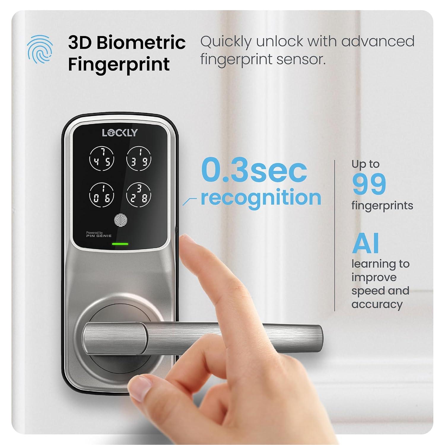 Lockly Secure Plus Bluetooth Smart Door Lock, Keyless Entry with PIN Genie® Digital Keypad, 3D Biometric Fingerprint Sensor Front Door Lock with Handle, Voice Control & Auto Lock - Latch Edition