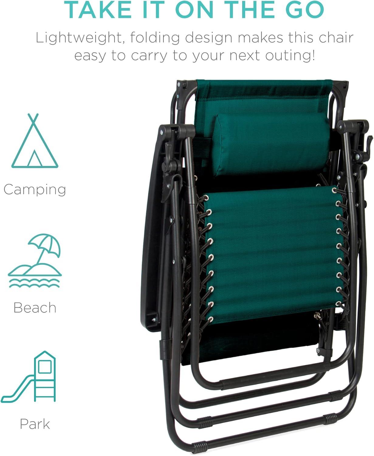 Best Choice Products Folding Zero Gravity Recliner Patio Lounge Chair w/ Canopy Shade, Headrest, Tray - Forest Green