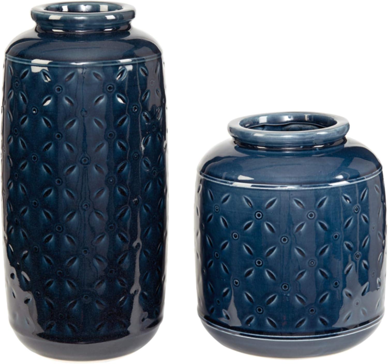 Navy Blue Ceramic Decorative Vase Set with Sand Dollar Markings