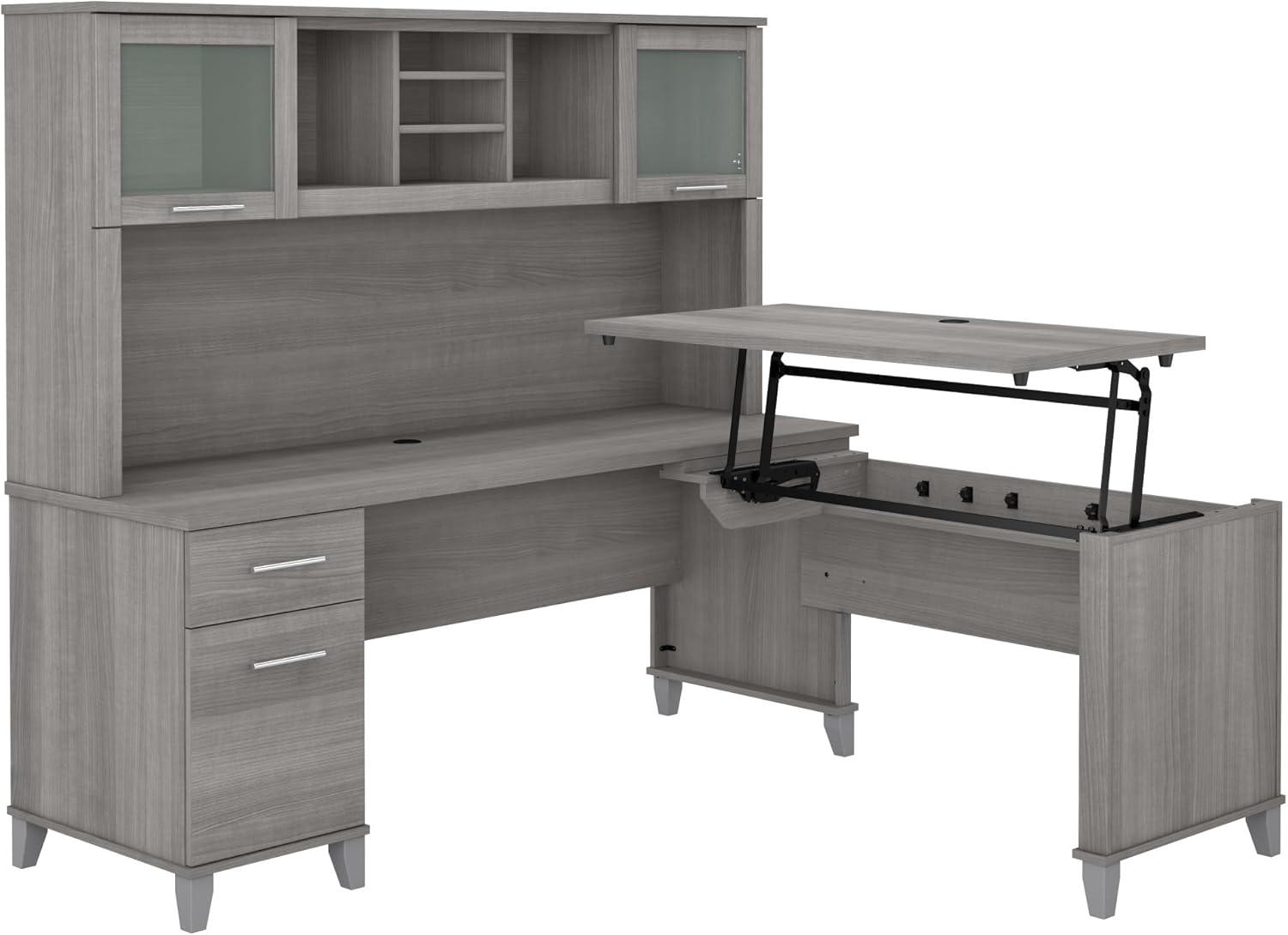 Somerset 72W Sit to Stand L Desk with Hutch in Platinum Gray - Engineered Wood
