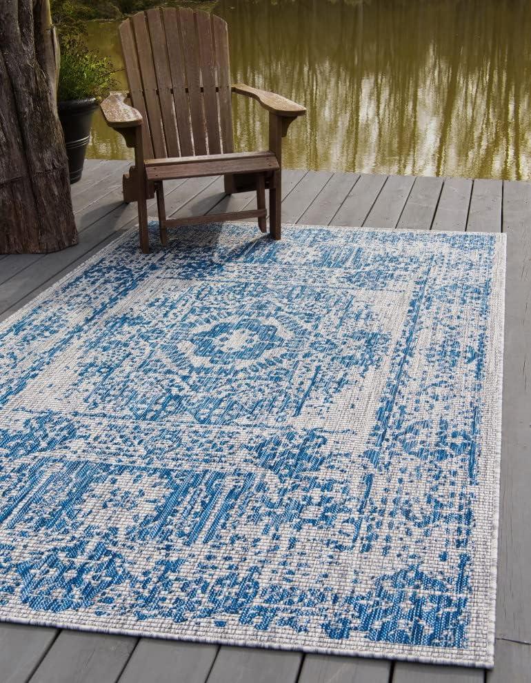 Unique Loom Outdoor Traditional Collection Area Rug - Timeworn (7' 1" x 10' Rectangle Blue/Gray)