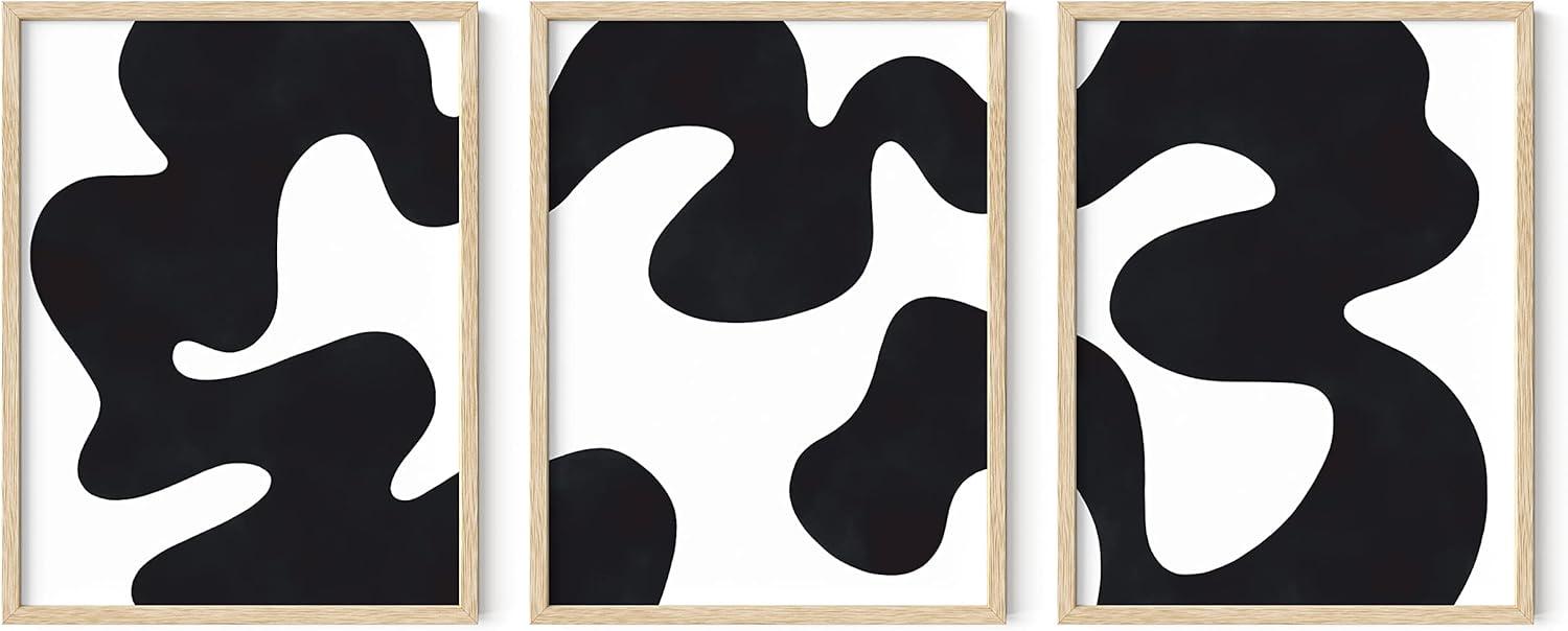 HAUS AND HUES Black and White Wall Art - Set of 3 Abstract Art Large Black and White Wall Art for Bathroom, Minimalist Wall Decor Black and White Abstract Wall Art Modern Art (Framed Beige 12x16)