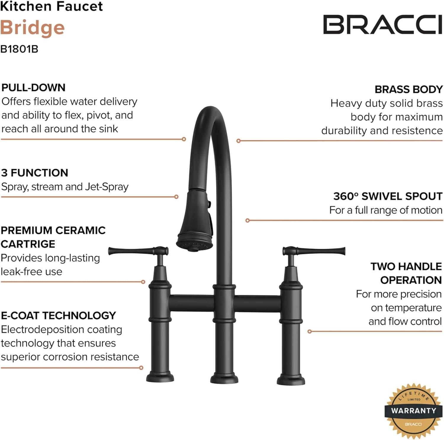 CoSoTower Double Handle Bridge Kitchen Faucet with Pull-Down Spray Head