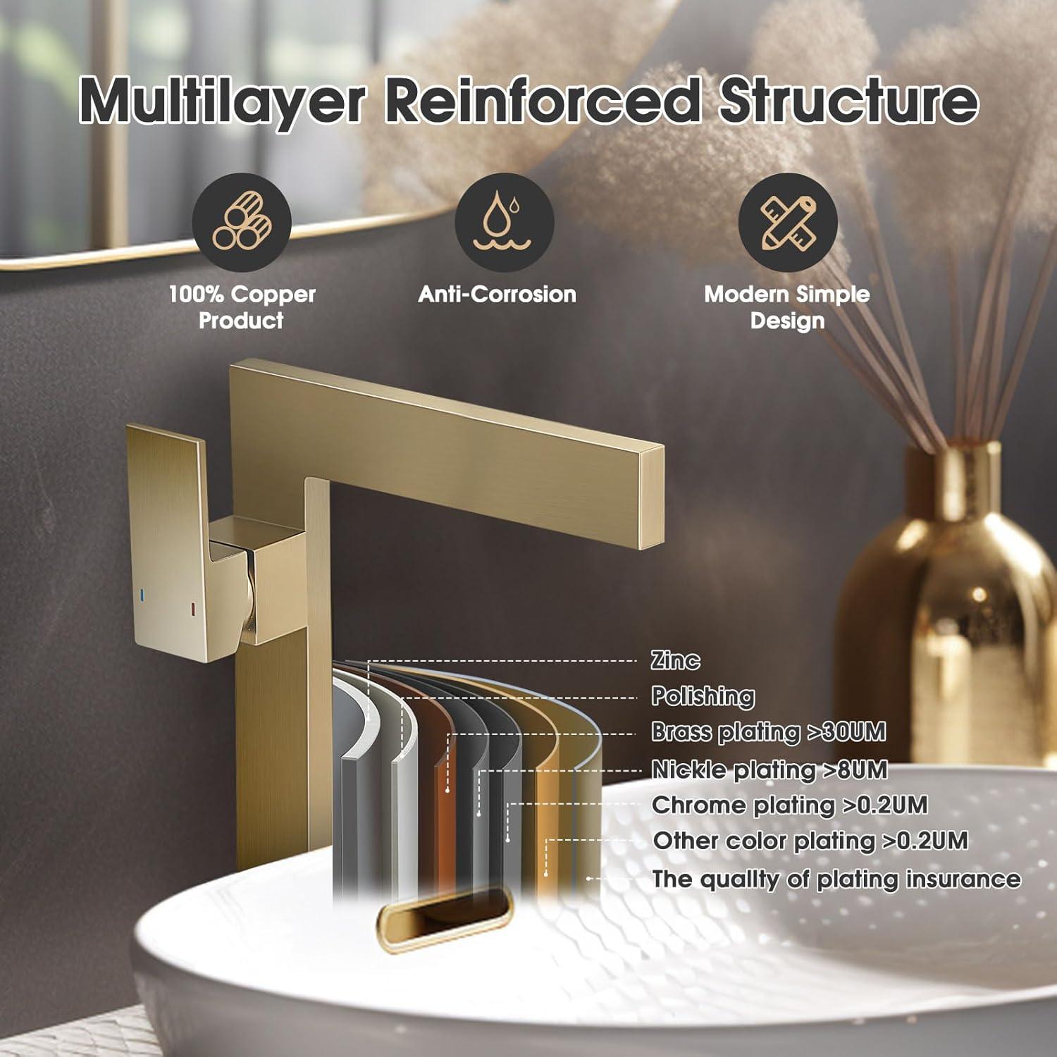 Brushed Gold Tall Single Handle Vessel Sink Faucet