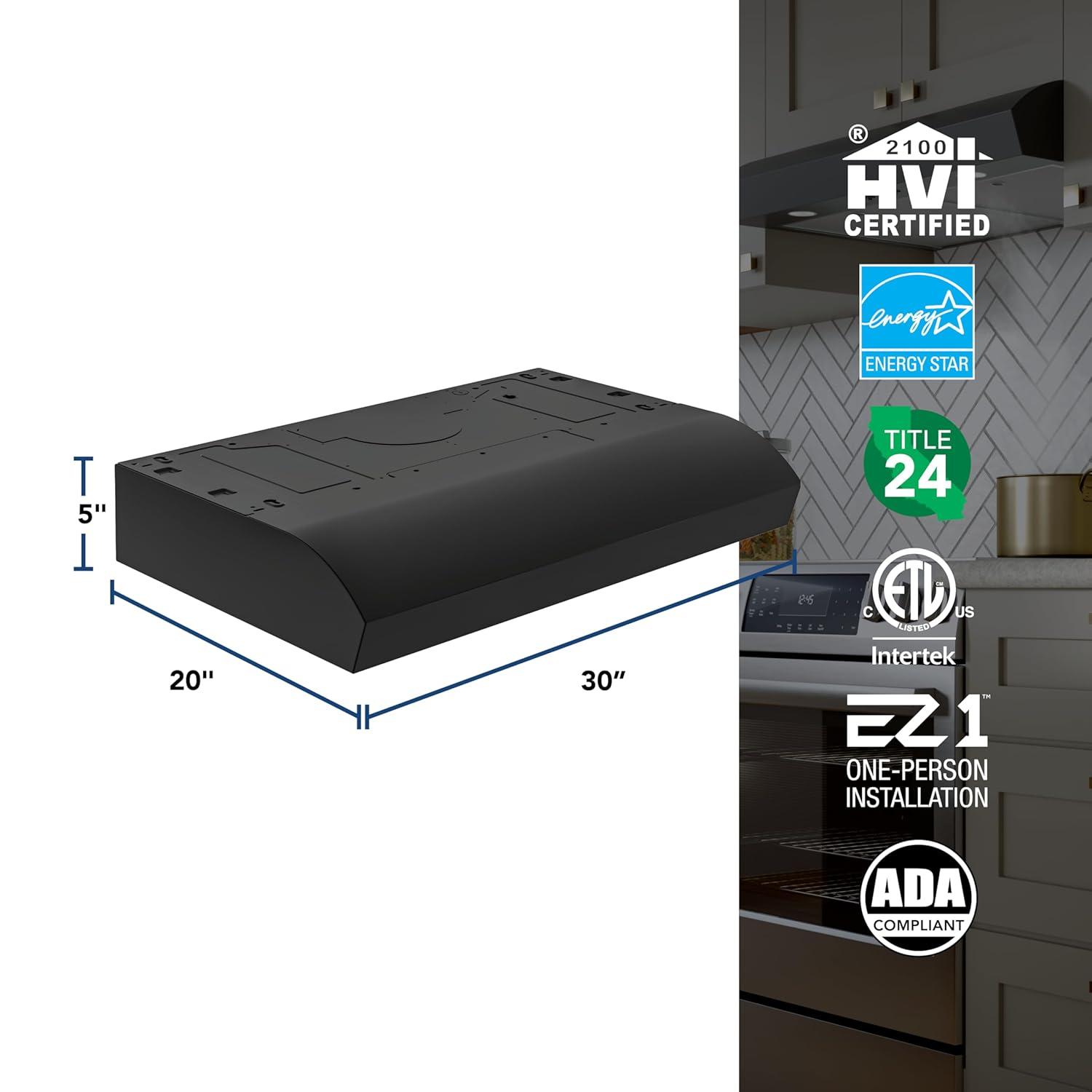 Broan-NuTone MTR1303BL 30-Inch Under Cabinet Range Hood, Energy Star, 350 Max Blower CFM, Black