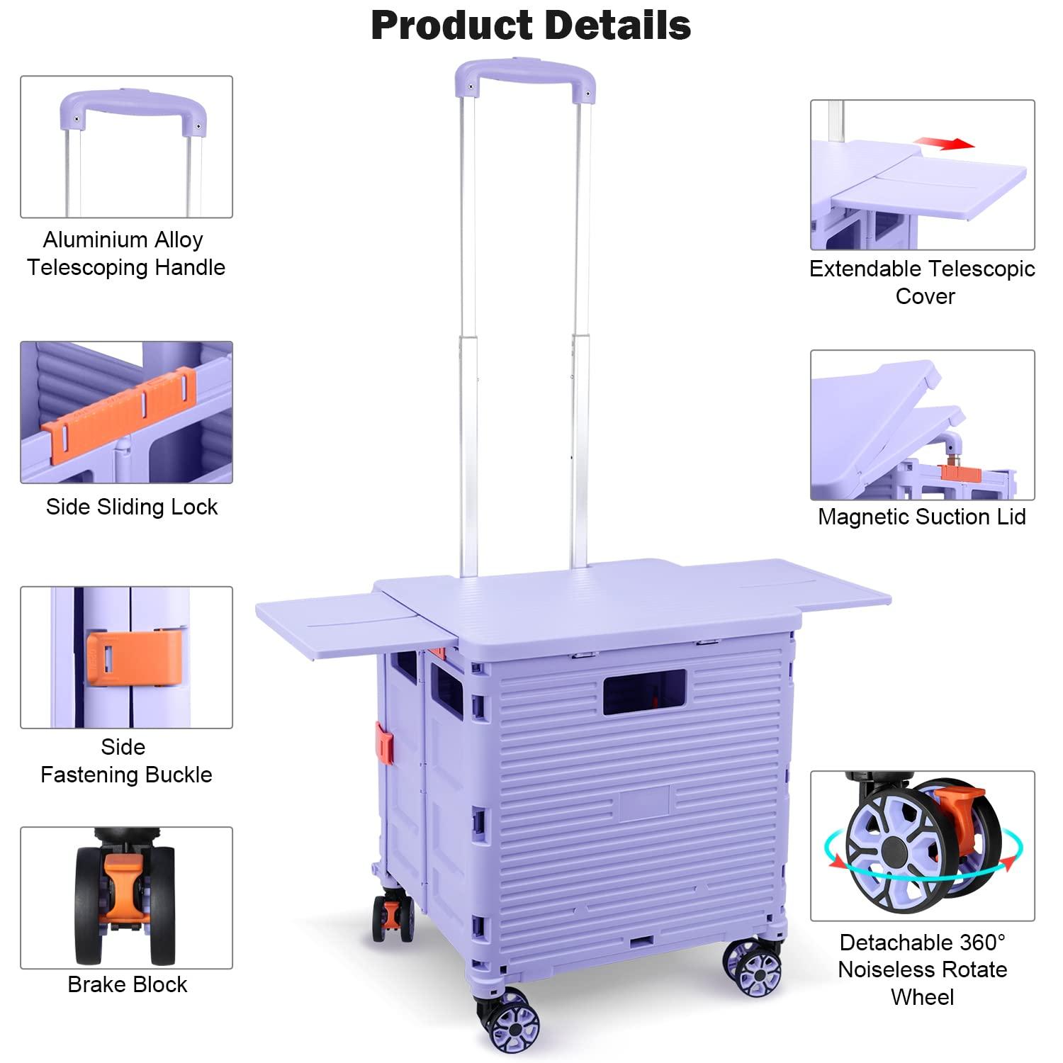 Folding Utility Cart Portable Rolling Crate Handcart with Magnetic Sliding Lid Telescoping Handle Heavy Duty Plastic Box Dolly 360Swivel Wheels for Travel Shopping Move Office Use(Purple Pro)
