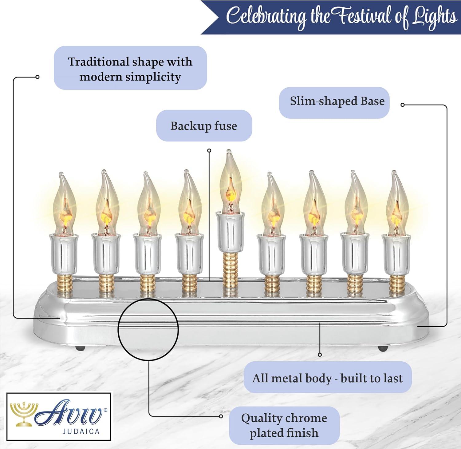 Aviv Judaica Contemporary Electric Hanukkah Menorah Stainless Steel Hanukkiah with Flickering Bulbs Horizontal Electronic Minorah for Chanukah Flameless Candles or Hanukkah Lights Decorations