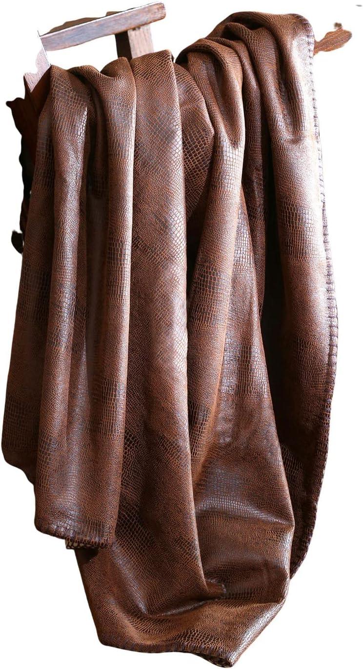 Rustic Crocodile Embossed Faux Leather Throw Blanket, Brown 54"x68"