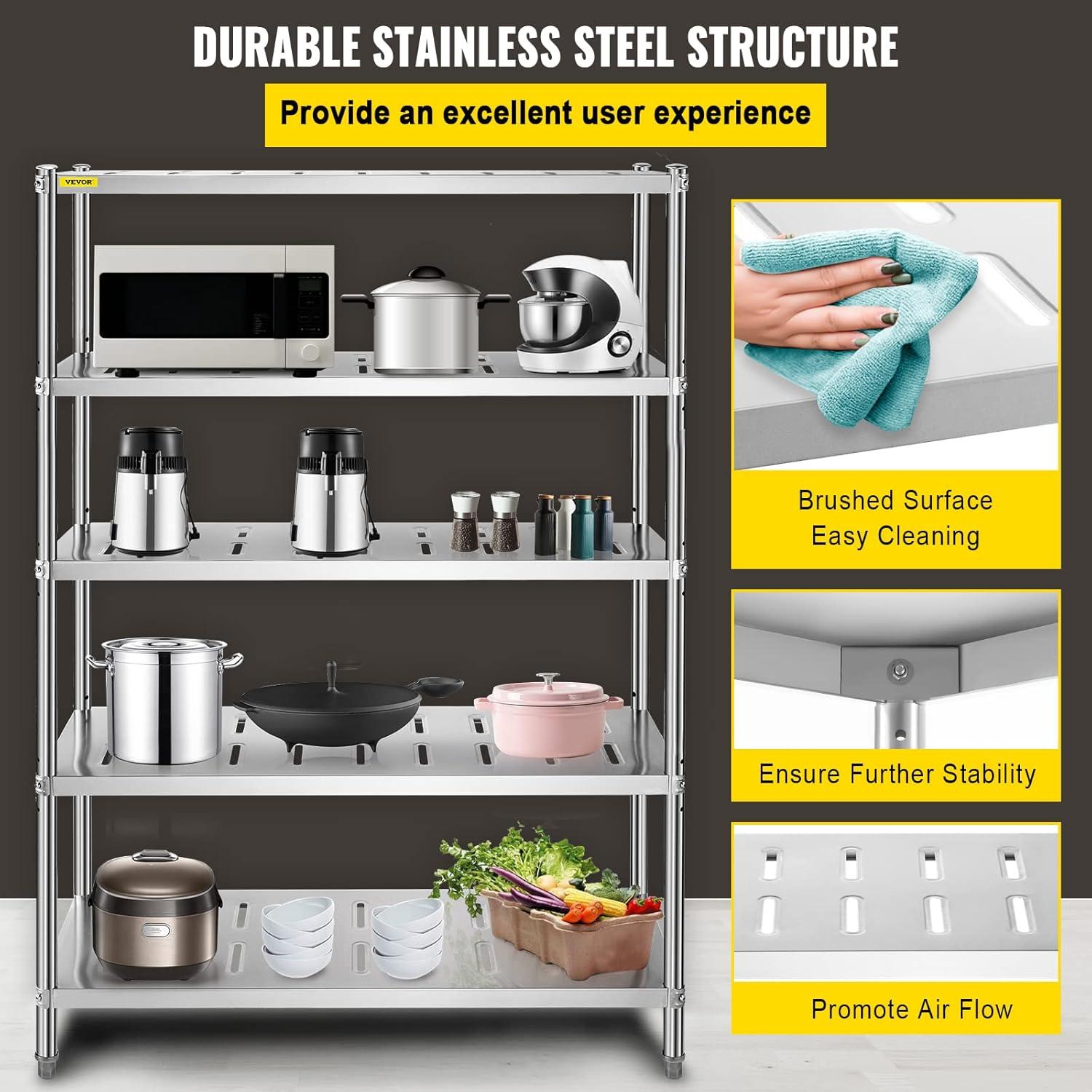 VEVOR Storage Shelf, 5-Tier Storage Shelving Unit, Stainless Steel Garage Shelf, 59.1 x 17.7 x 70.9 inch Heavy Duty Storage Shelving, 661 Lbs Total Capacity with Adjustable Height and Vent Holes