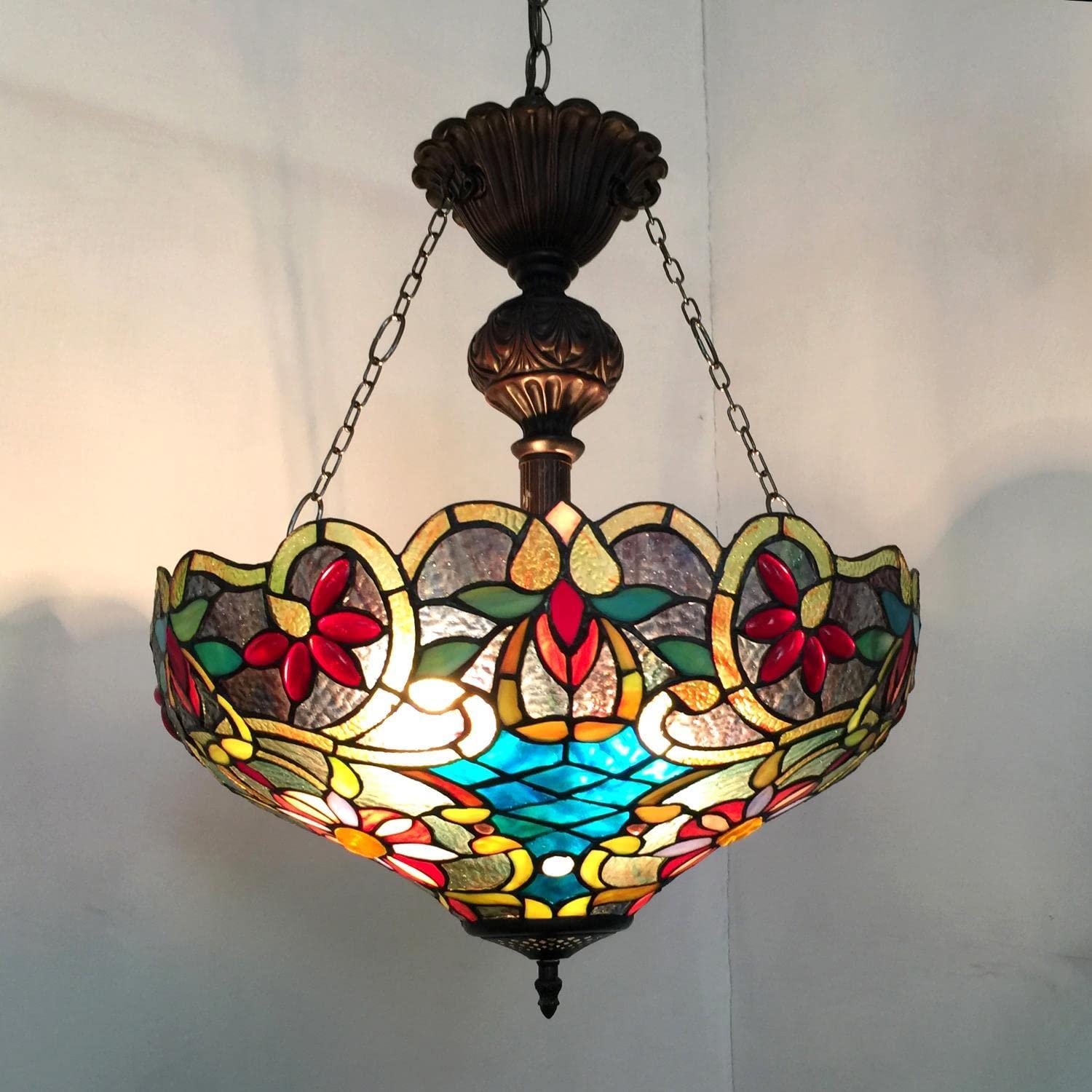 Chloe Lighting Leslie Tiffany-Style Victorian 2 Light Inverted Ceiling Pendent 18`` Shade