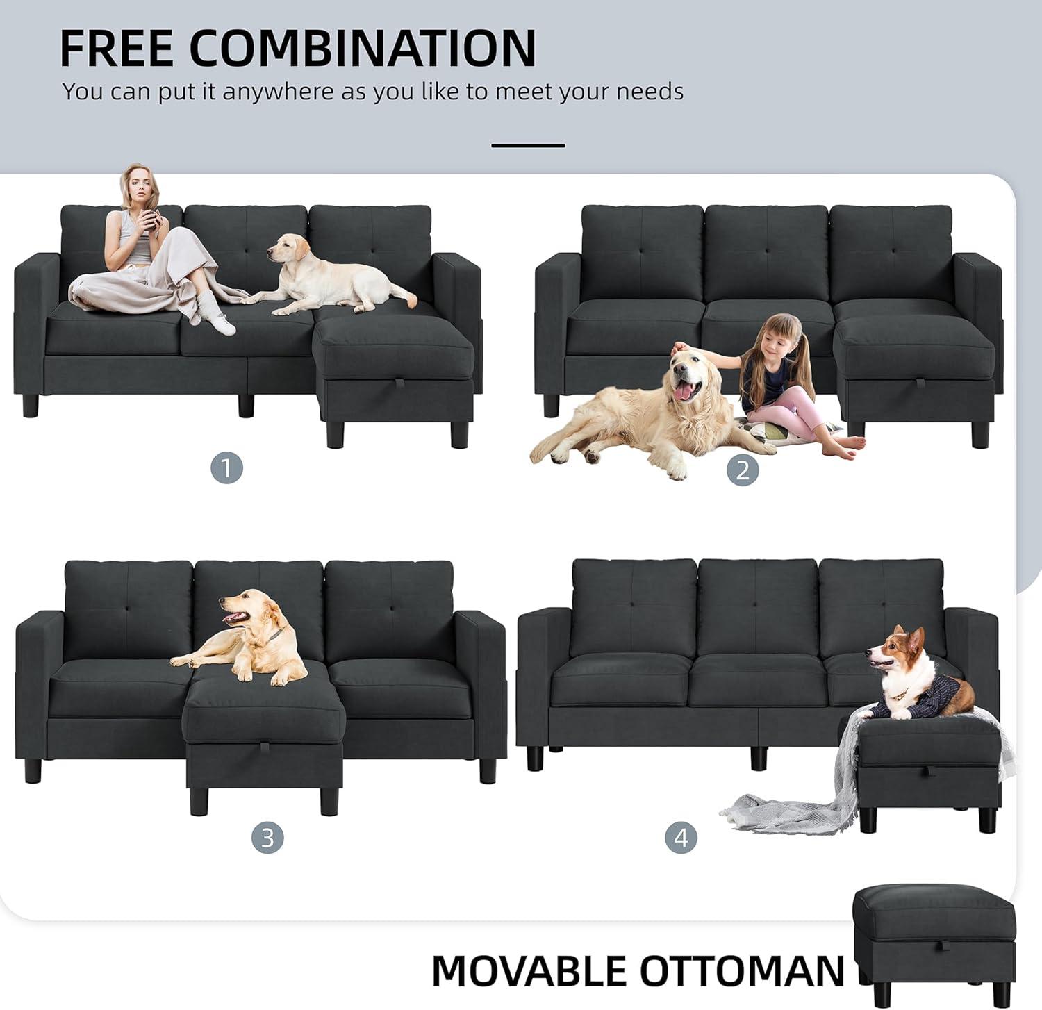 Shintenchi 79 Inch Convertible Sectional Sofa Couch, Modern Linen Fabric L-Shaped , 3-Seat Sofa Sectional with Reversible Chaise for Living Room, Apartment and Small Space (Dark Grey)