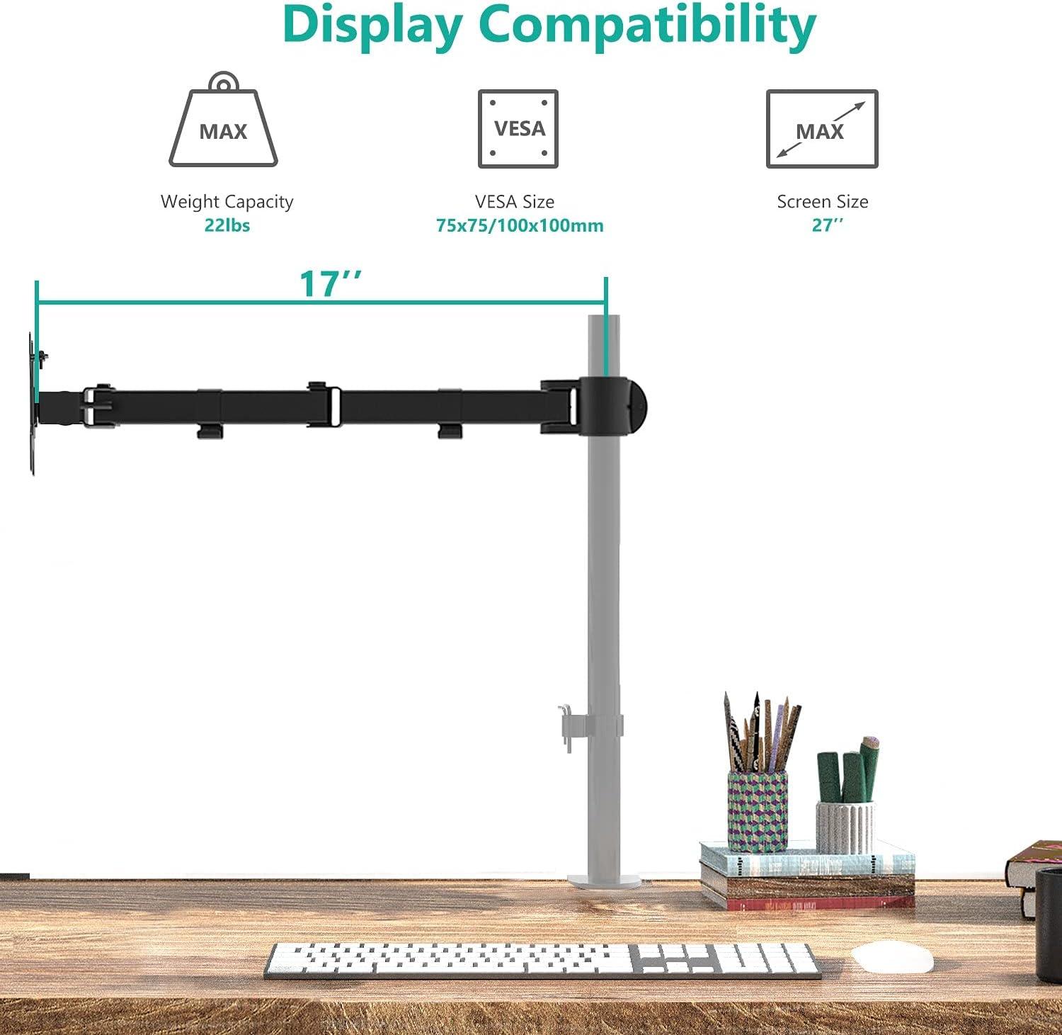 Black Adjustable Steel Single Monitor Arm with Riser