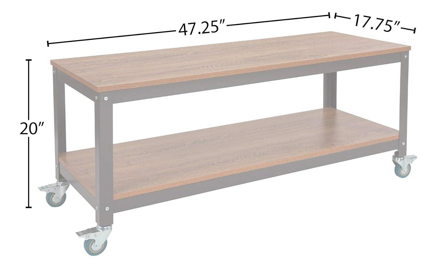 Flash Furniture Livingston Collection TV Stand in Brown Oak Wood Grain Finish with Metal Wheels