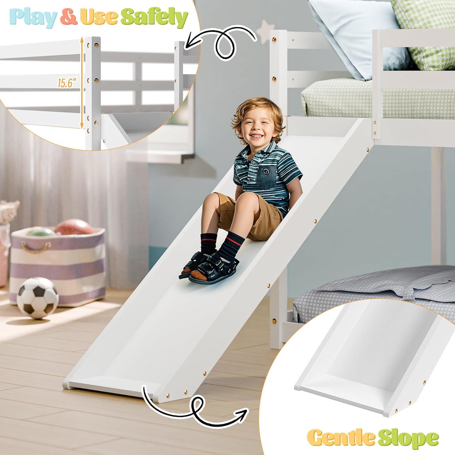 Harper & Bright Designs Kids Loft Bed with Slide,Twin Size Low Loft Beds for Girls Boys Solid Pine Wood Toddler Loft Bed with Ladder and Guard Rails,White