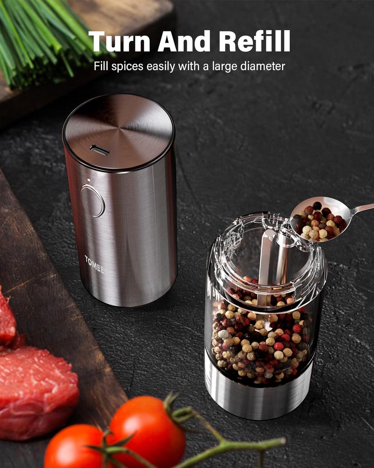 TOMEEM Electric Salt and Pepper Grinder Set Stainless Steel Automatic One Hand Operation Adjustable Coarseness Mill Grinders Shakers & LED Light Refillable
