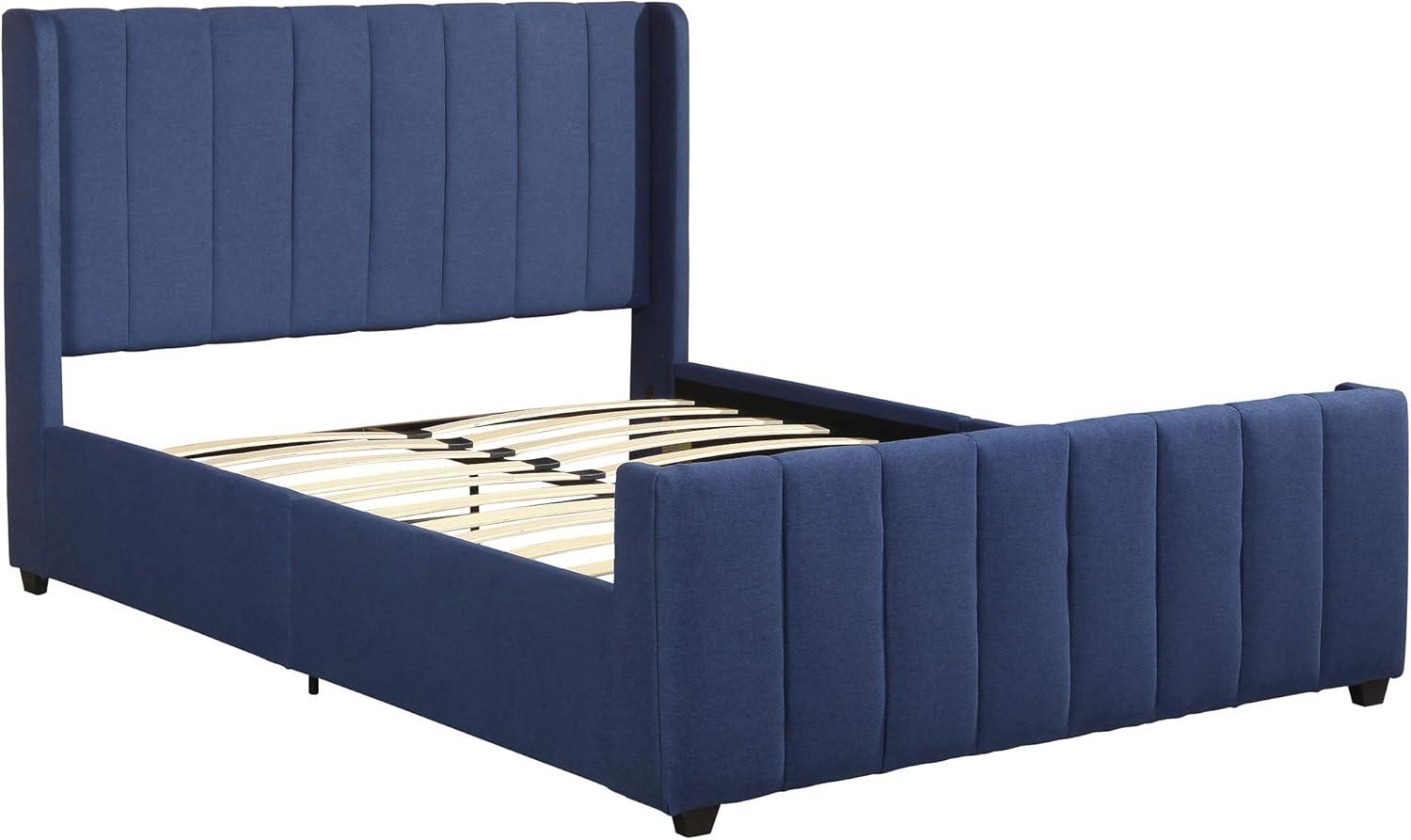 Navy Blue Upholstered Queen Bed with Wood Frame and Headboard