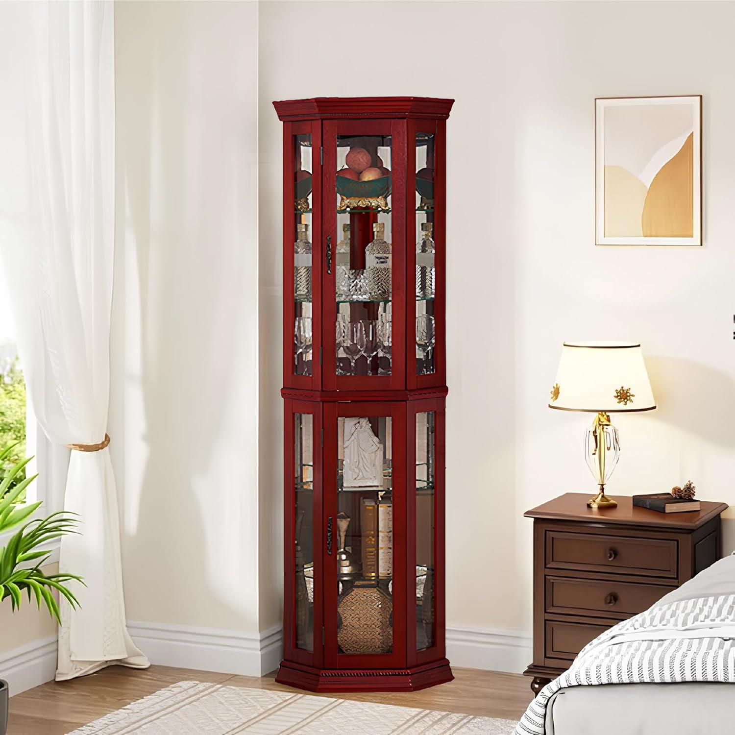 Lighted 3-Side Glass Display Curio Cabinet with Tempered Glass Doors and Shelves, Curved Wood Corner Cabinet with Bulb, Cherry