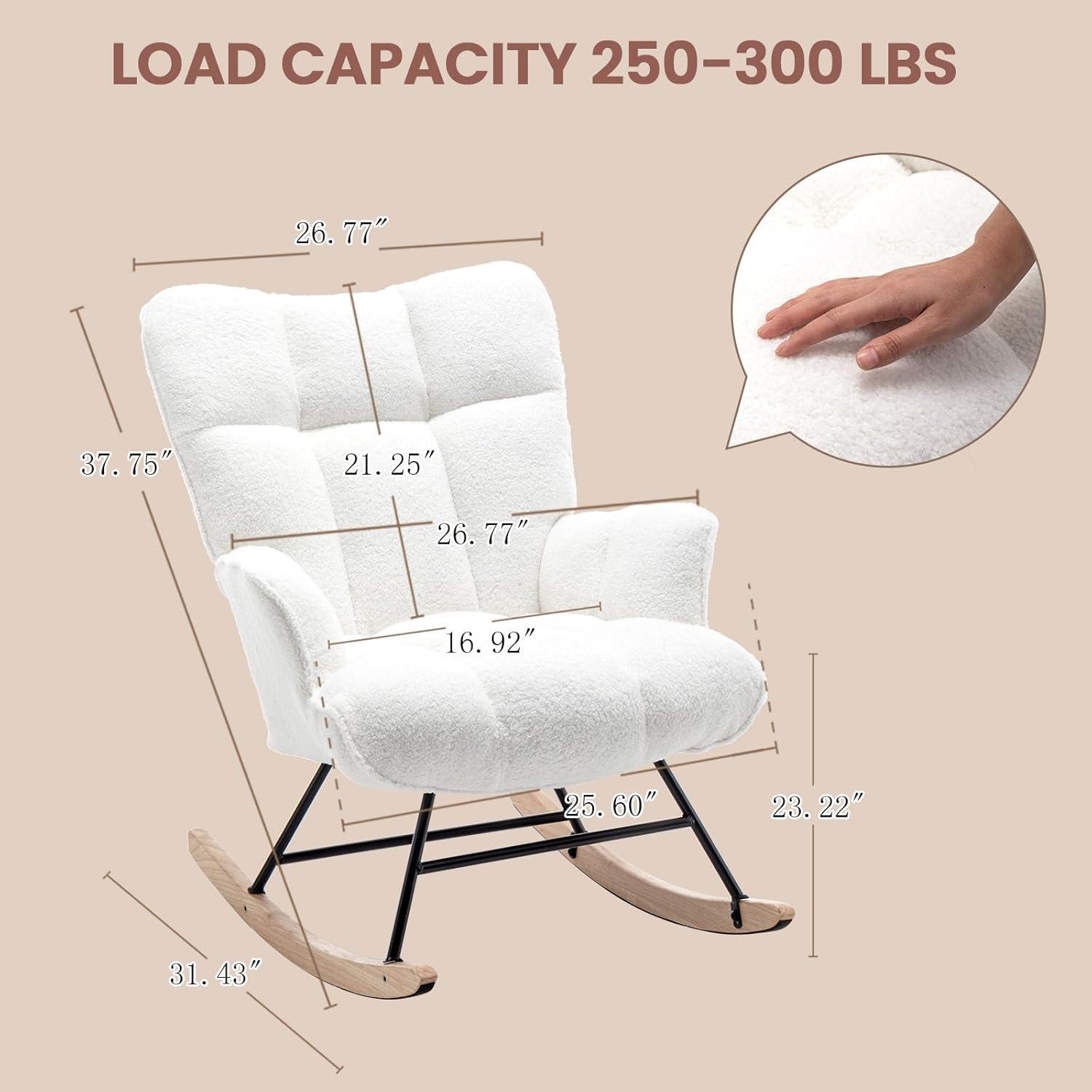 White Sherpa Upholstered Wingback Rocking Chair with Oak Legs