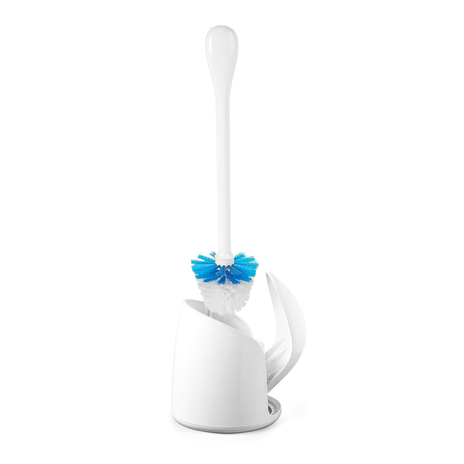 White Compact Toilet Brush with Holder and Ergonomic Handle