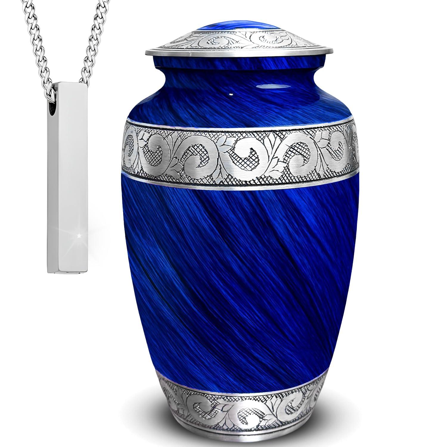Hand-Engraved Blue Metal Urn with Necklace for Ashes